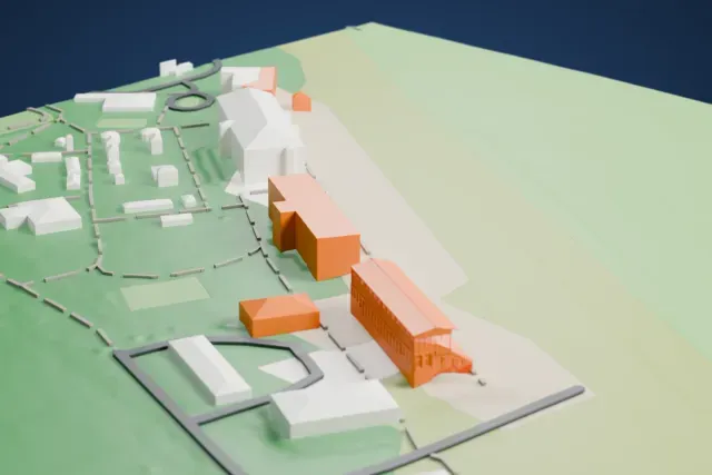 A white 3D print of the Tribune III, Hoppegarten Racecourse model in Berlin, with the streets around it.
