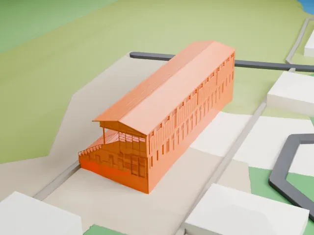 Tribune III, Hoppegarten Racecourse model, North view