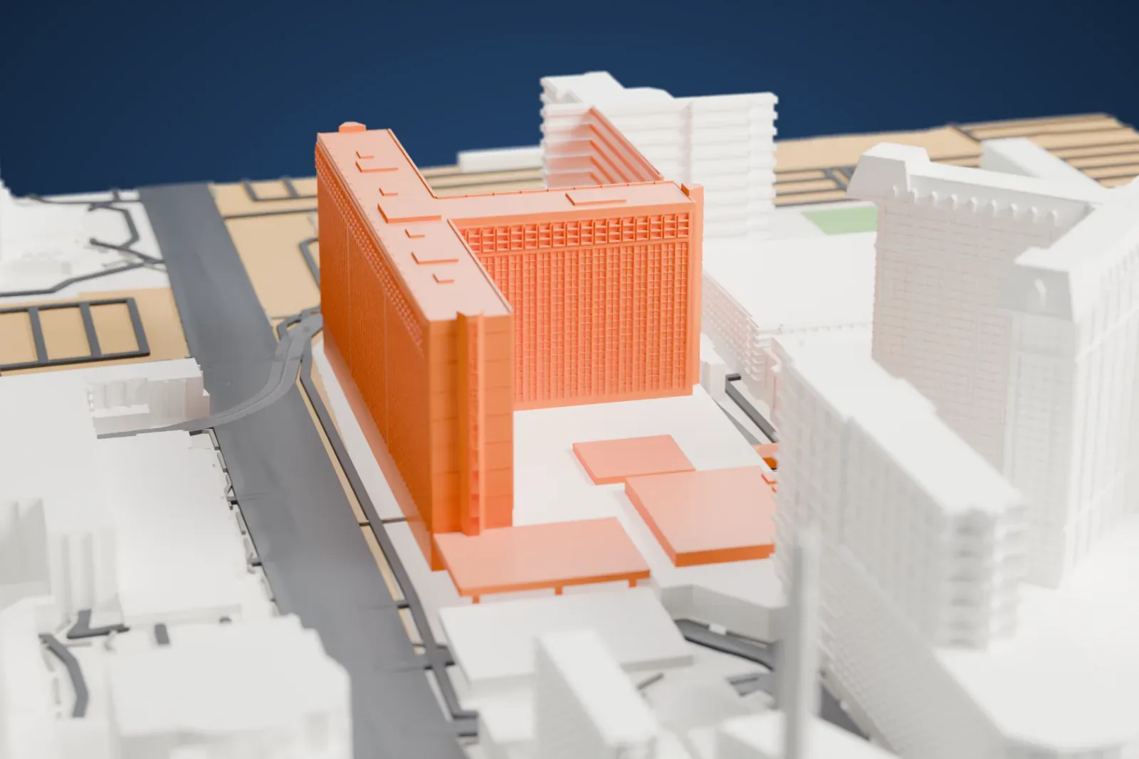 A white 3D print of Horseshoe Las Vegas, a wide hotel slab with lower wings, surrounded by cross-shaped towers, other buildings and streets.