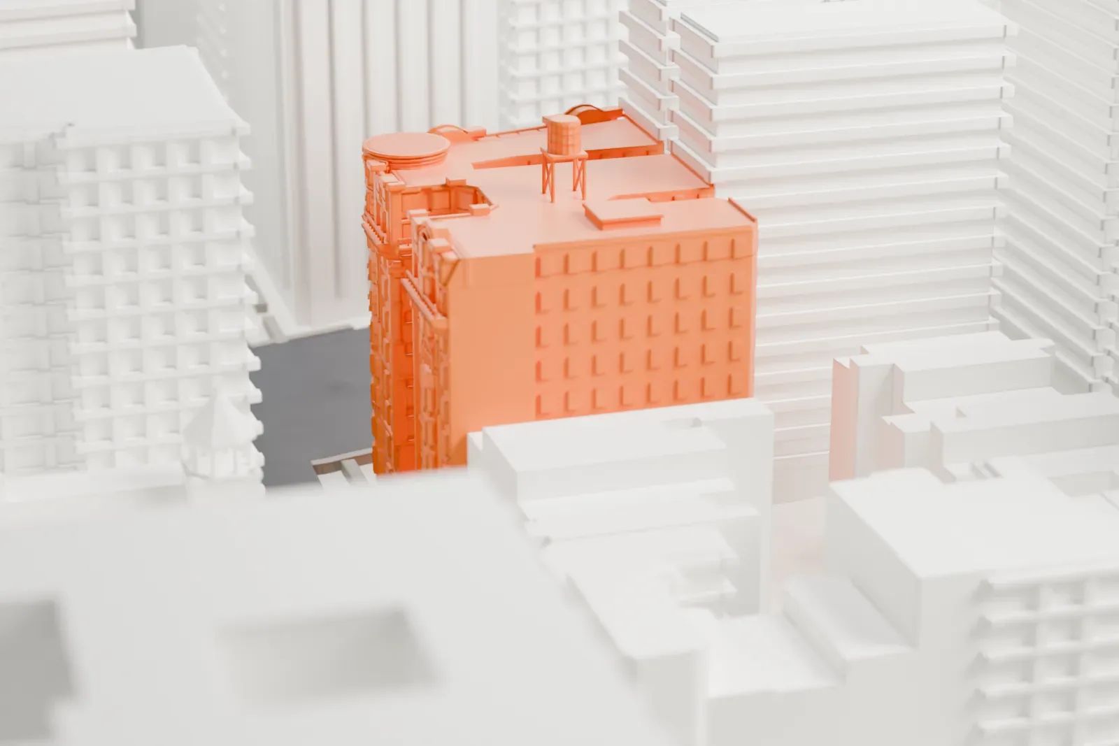 A white 3D print of the Hotel Belleclaire, a tall ornate hotel with a rounded corner tower and a small rooftop water tank, hemmed in by taller buildings.