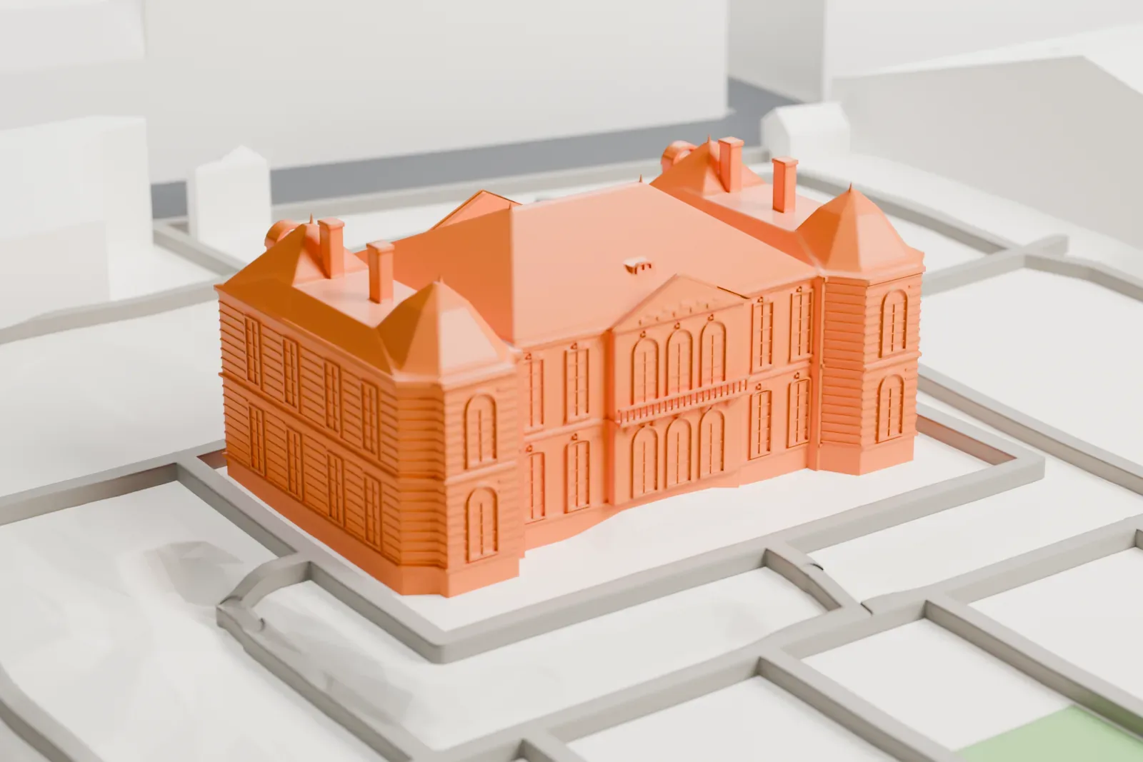 A white 3D print of the Hôtel Biron, a classical mansion with its garden, standing among the surrounding Paris buildings.