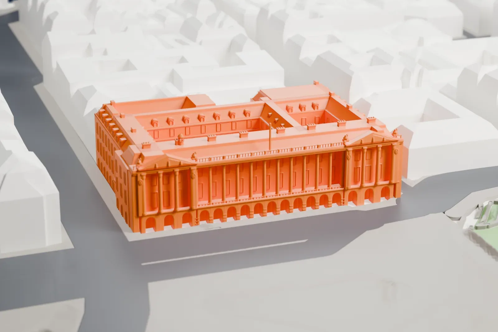 A white 3D print of the Hôtel de la Marine on the Place de la Concorde, among surrounding streets and buildings.