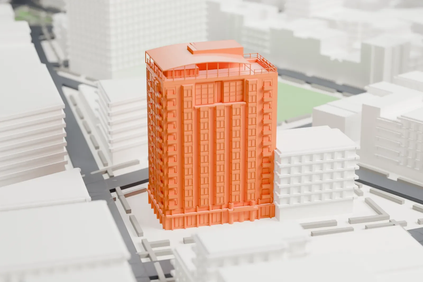 A white 3D print of Hotel Gansevoort, a tall tower with a curved roof, standing among low and mid-rise buildings and streets.