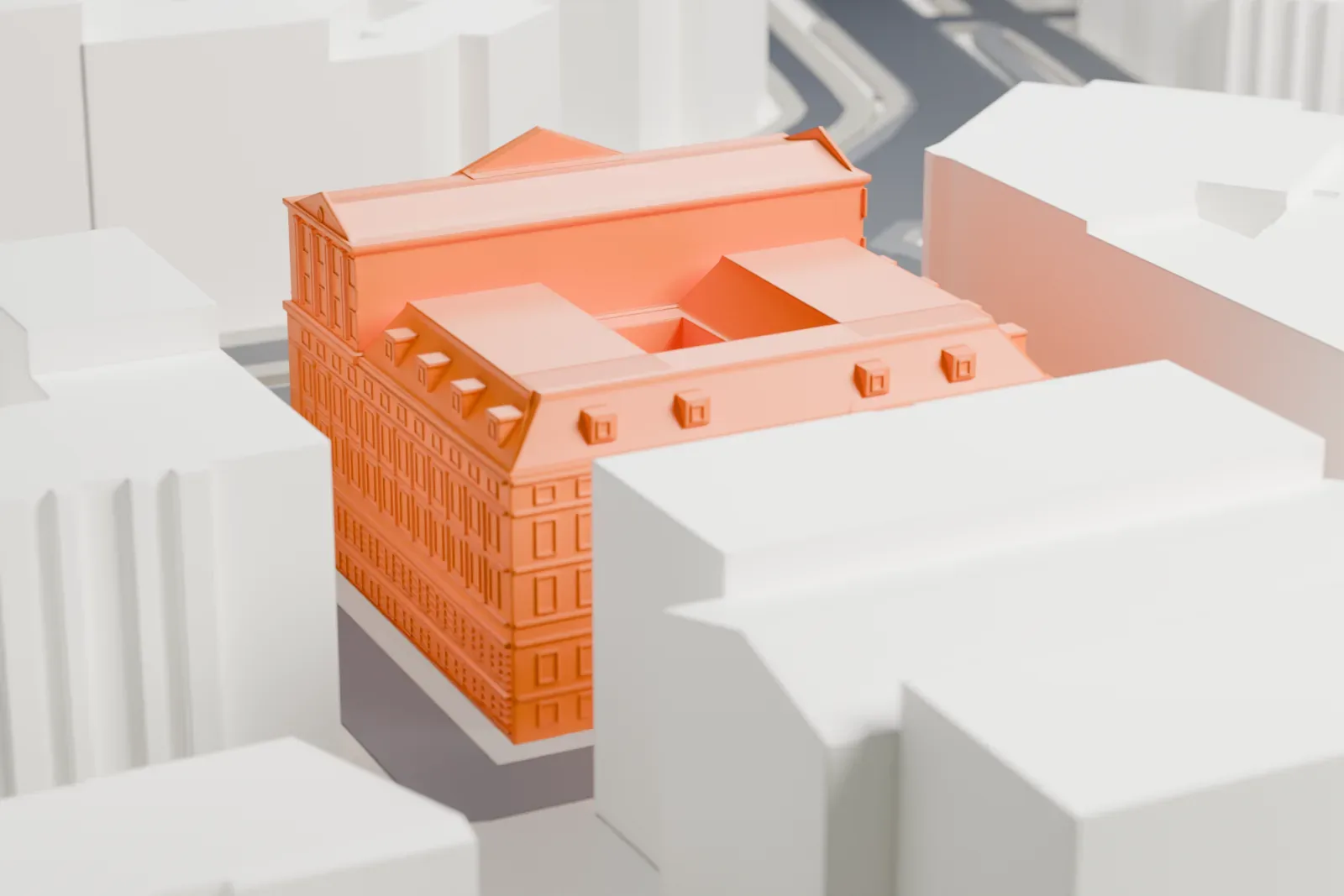 A white 3D print of the Hotel Imperial on Vienna's Ring Road, with surrounding streets and buildings.