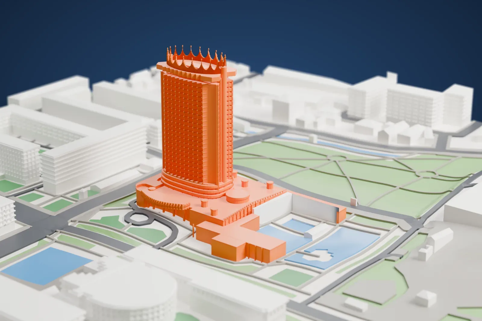 A white 3D print of Hotel Kazakhstan, a tall tower among the surrounding streets and buildings of Almaty.