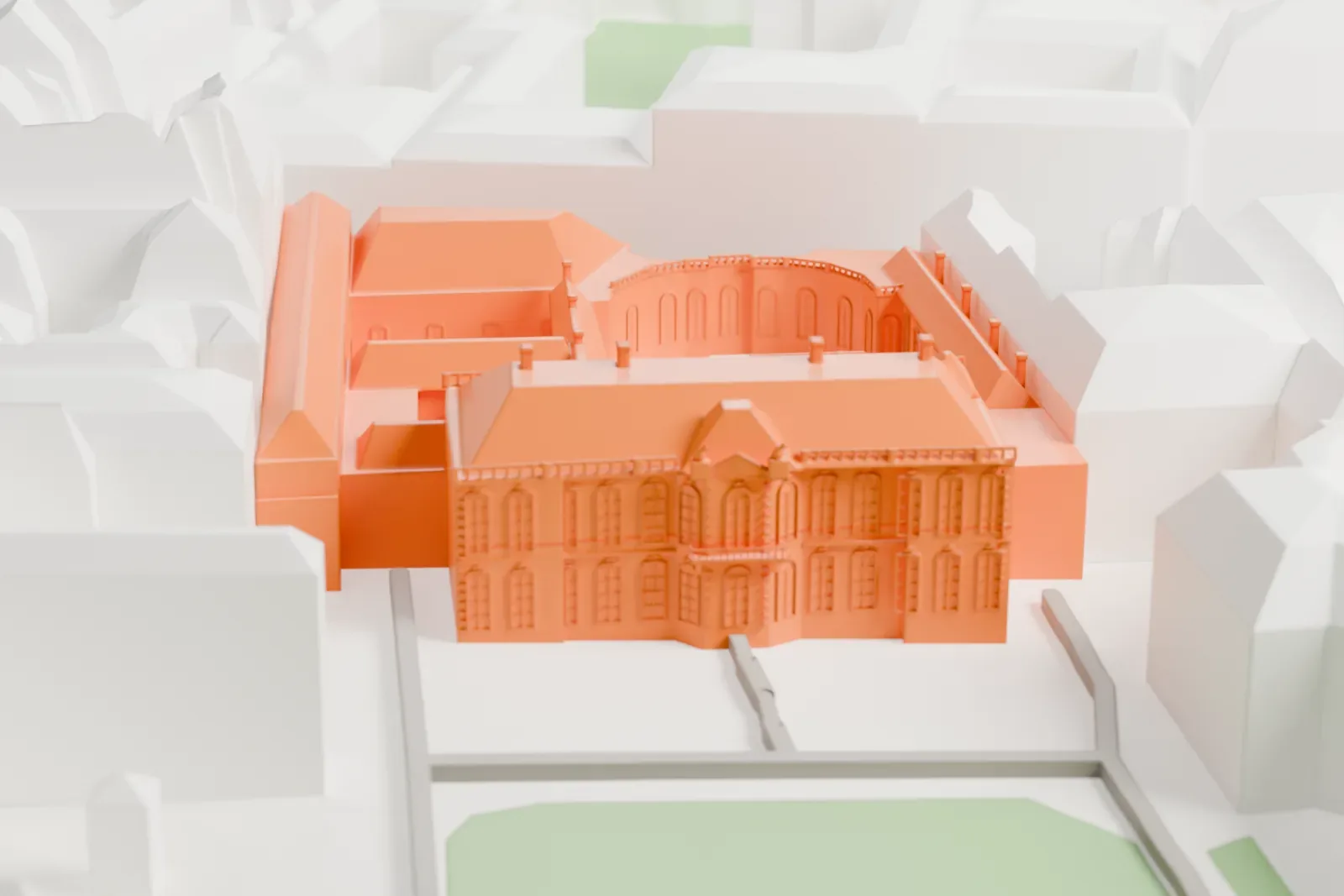 A white 3D print of the Hôtel de Matignon, a low two-story mansion among the surrounding buildings of Paris.