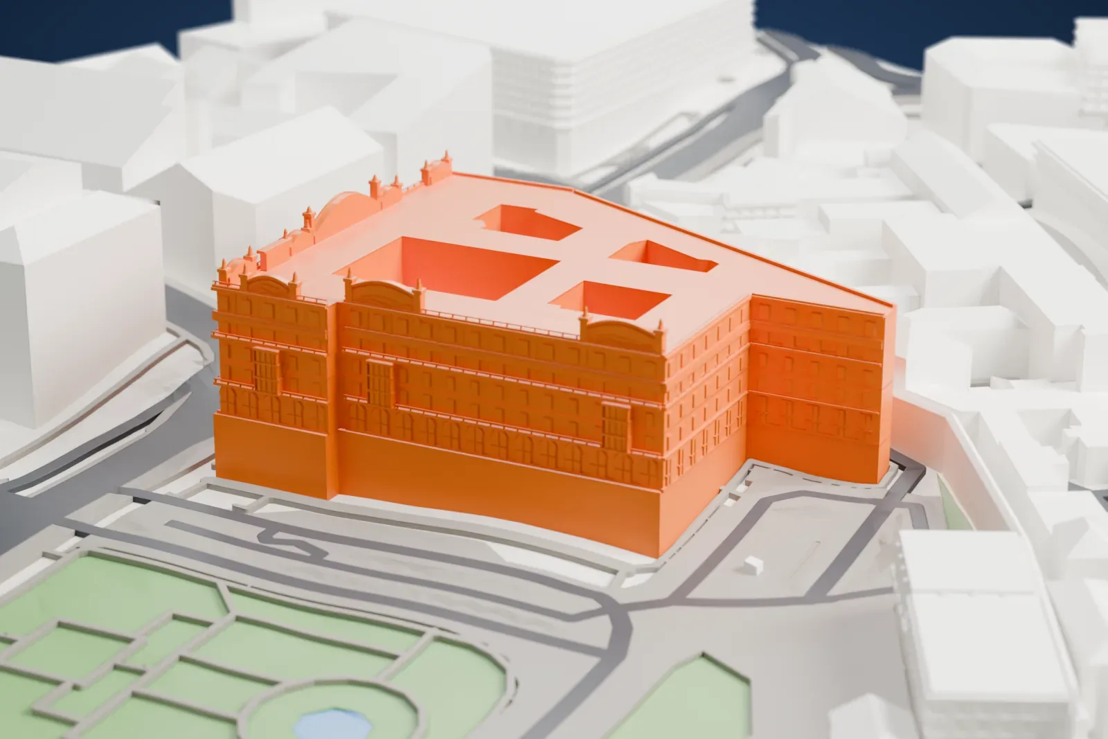 A white 3D print of the Hotel Metropol Moscow among the surrounding streets and buildings.