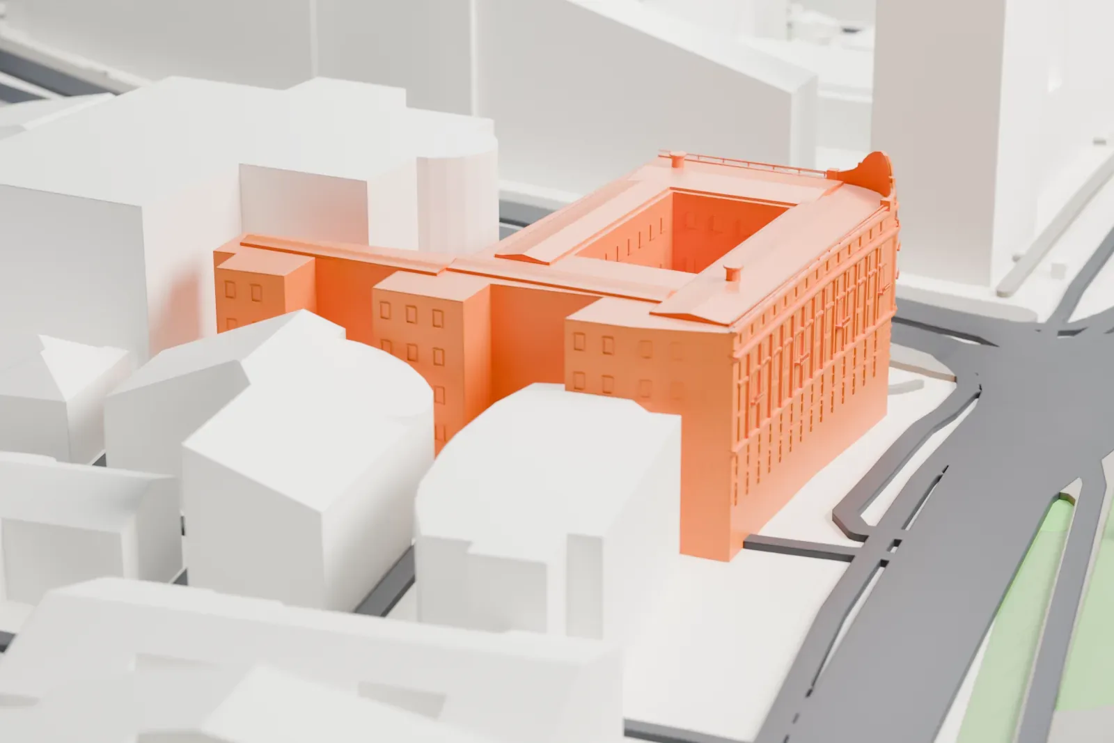 A white 3D print of the Hotel National, a six-story hotel building, among the surrounding buildings near Manege Square in Moscow.