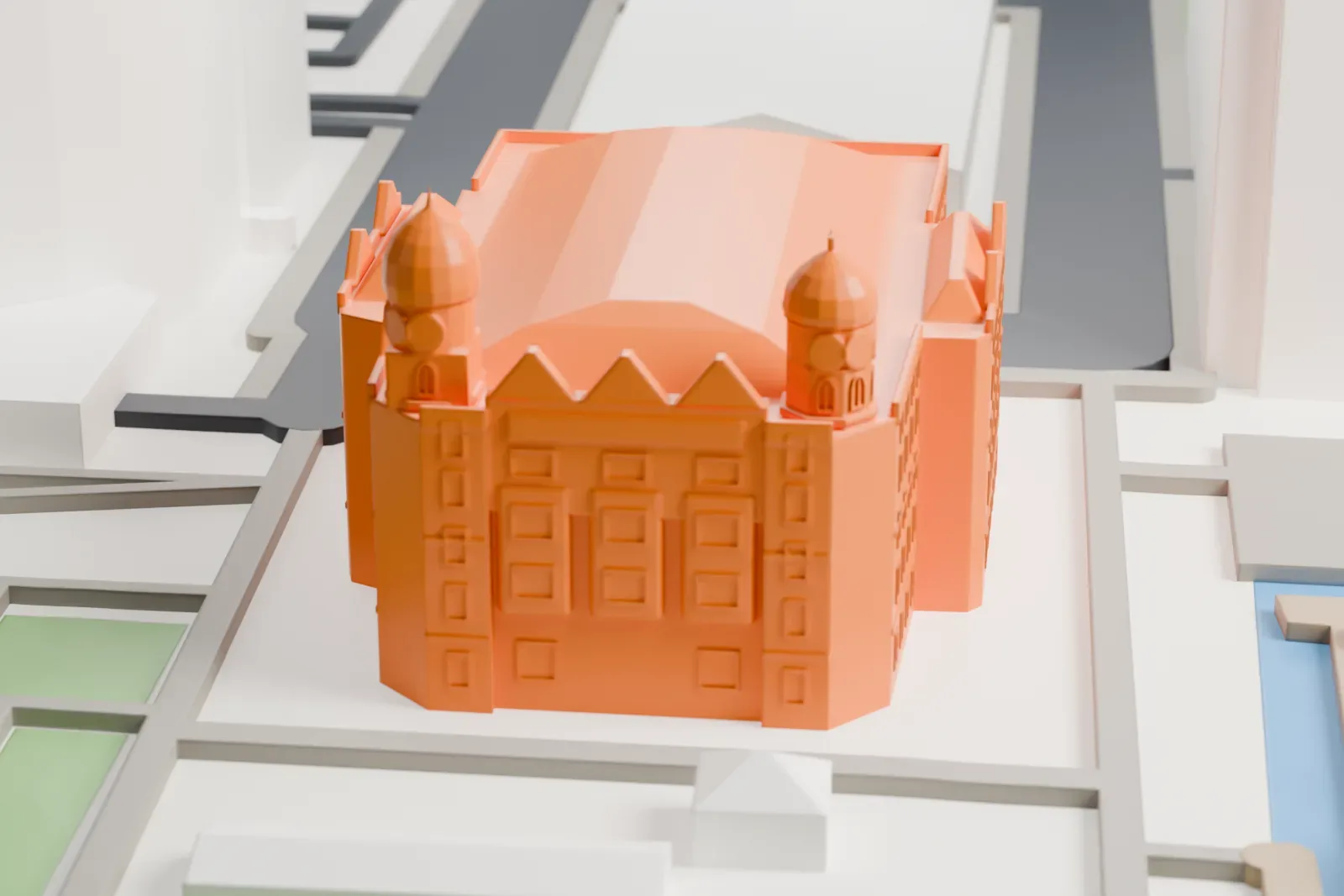 A white 3D print of the Hotel New York, a broad building, among surrounding streets and buildings.