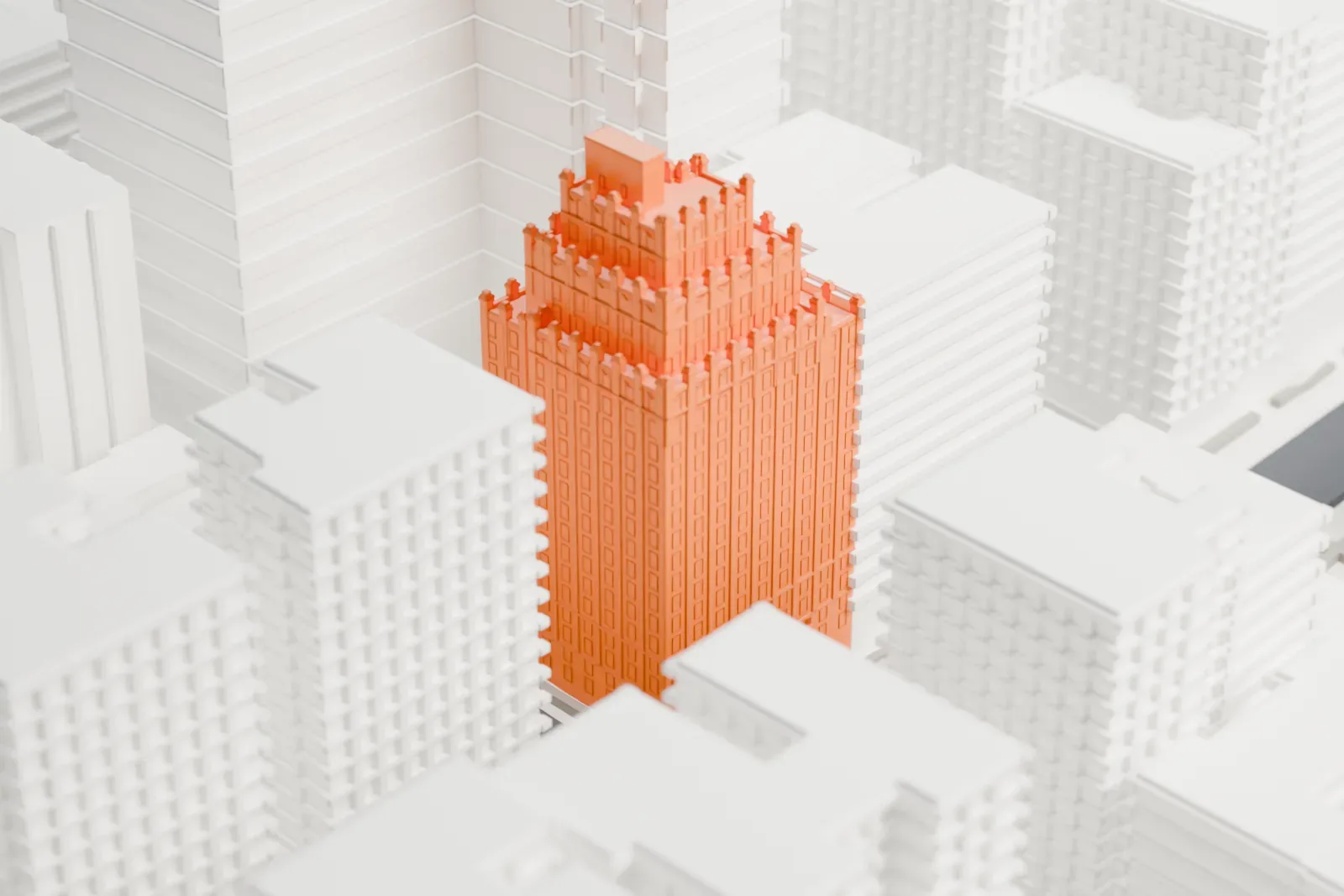A white 3D print of Hotel Paris, a tall building with a stepped, notched crown, among mid-rise buildings.