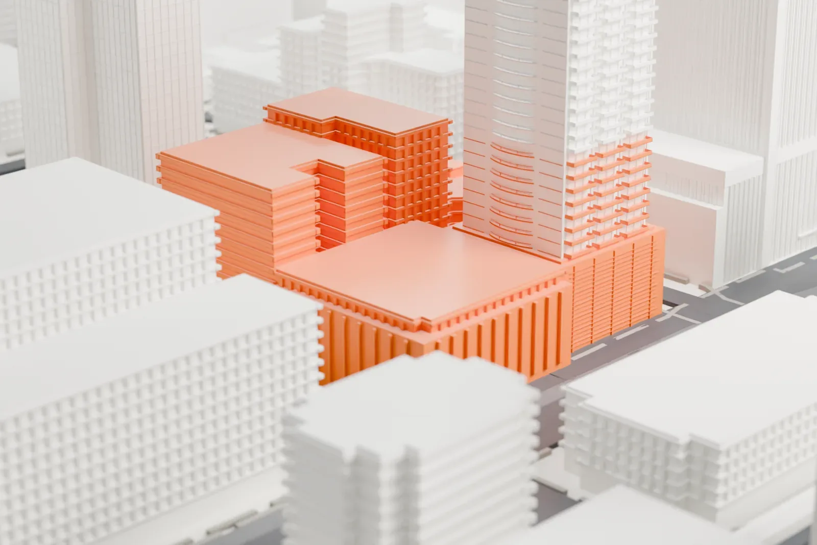 A white 3D print of Hotel San Carlos, a mid-rise hotel with a regular grid of window openings, set between larger buildings beside a wide downtown street.