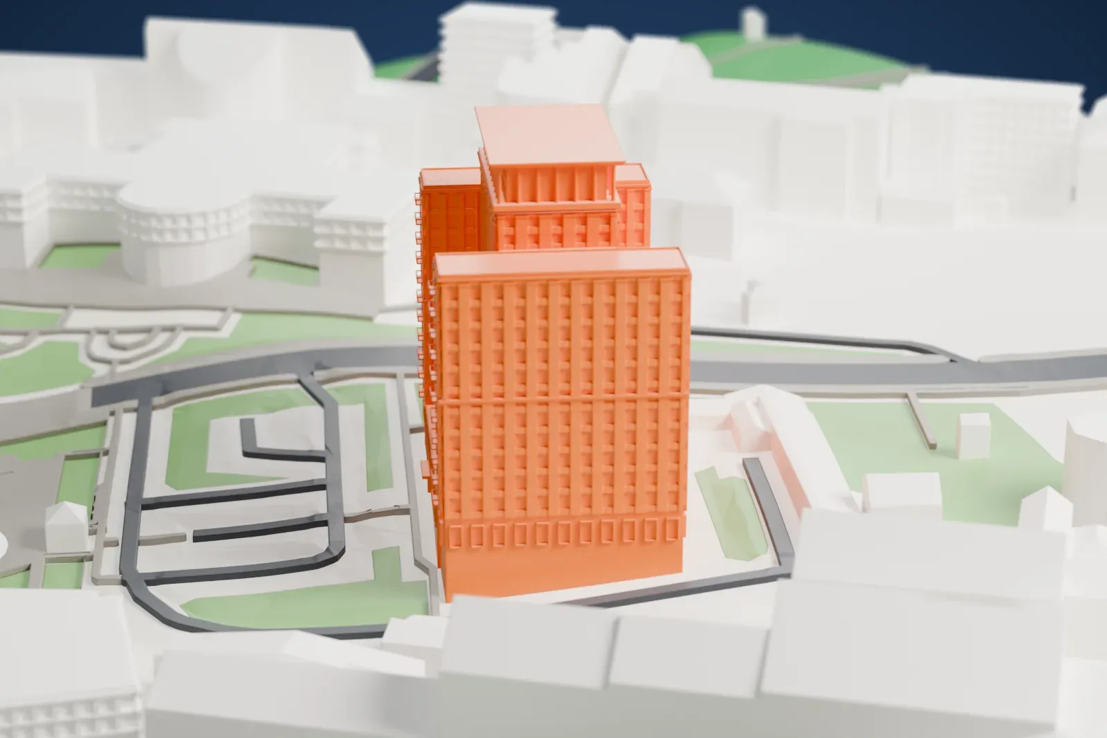A white 3D print of the Hotel Ukraine, a broad central slab with lower wings and a columned rooftop crown, among surrounding streets and buildings.