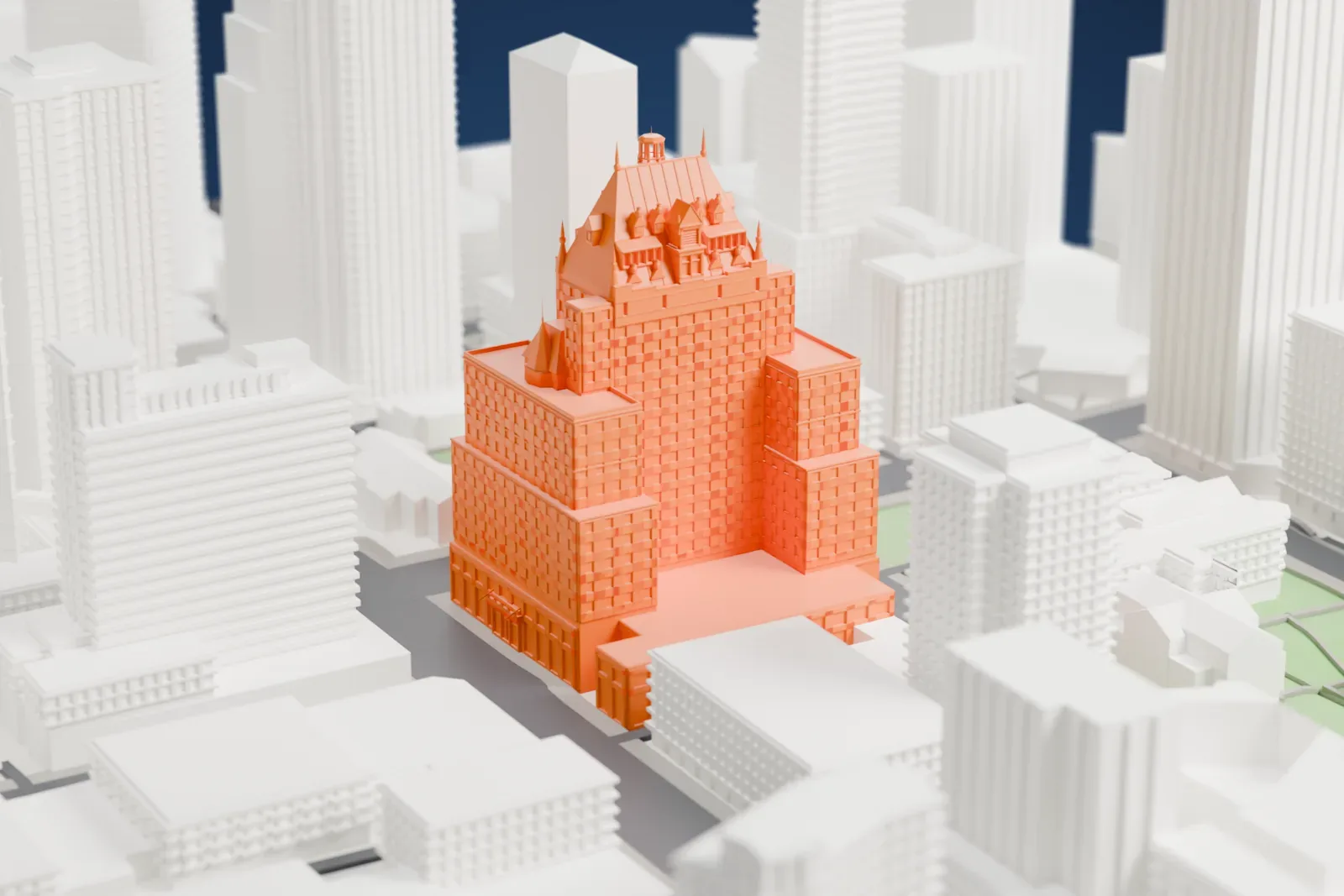 A white 3D print of Hotel Vancouver, with the surrounding streets and buildings around it.