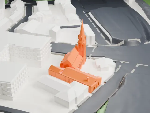 House of Prayer Episcopal Church and Rectory model, West view