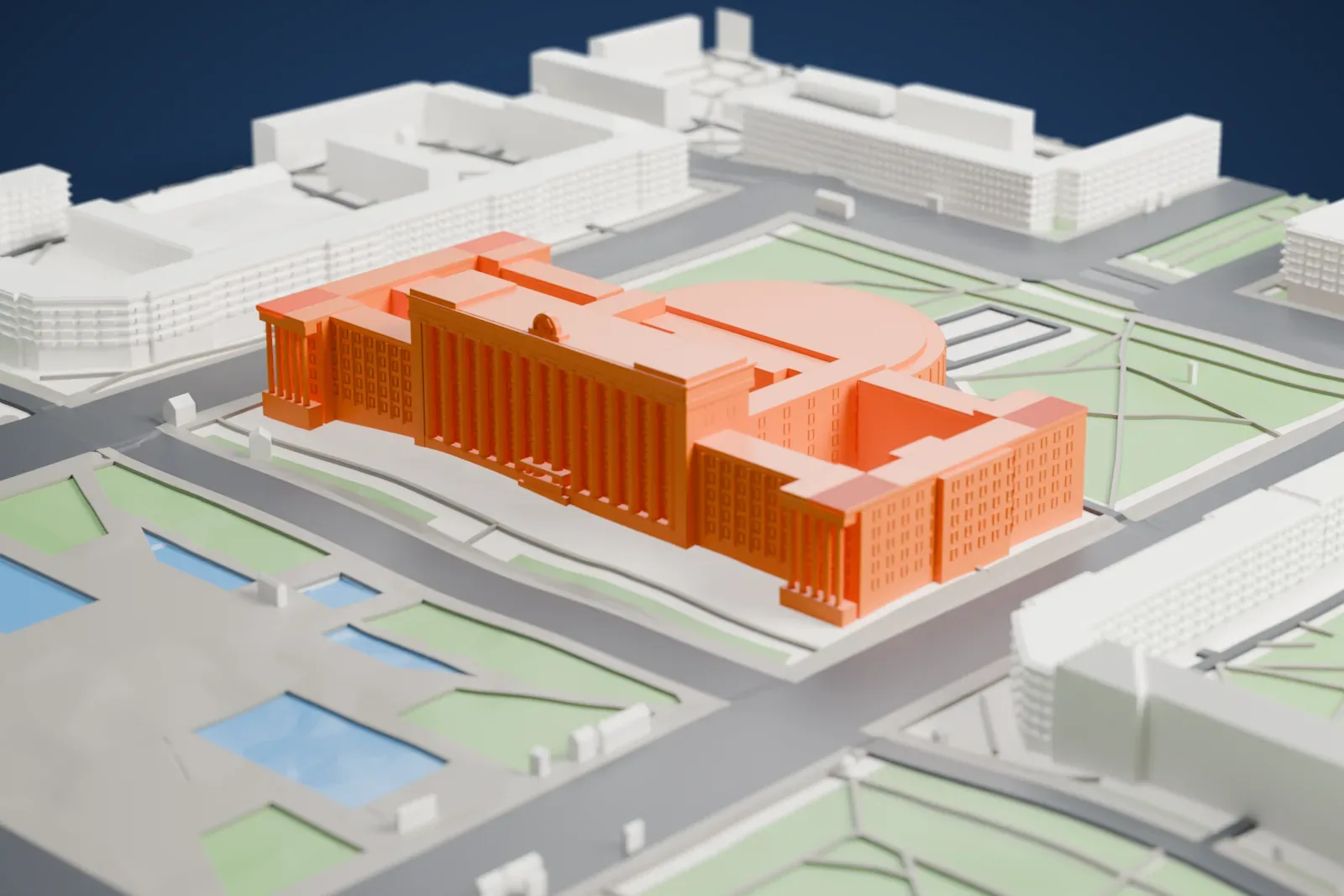A white 3D print of the House of Soviets among the surrounding streets and buildings.