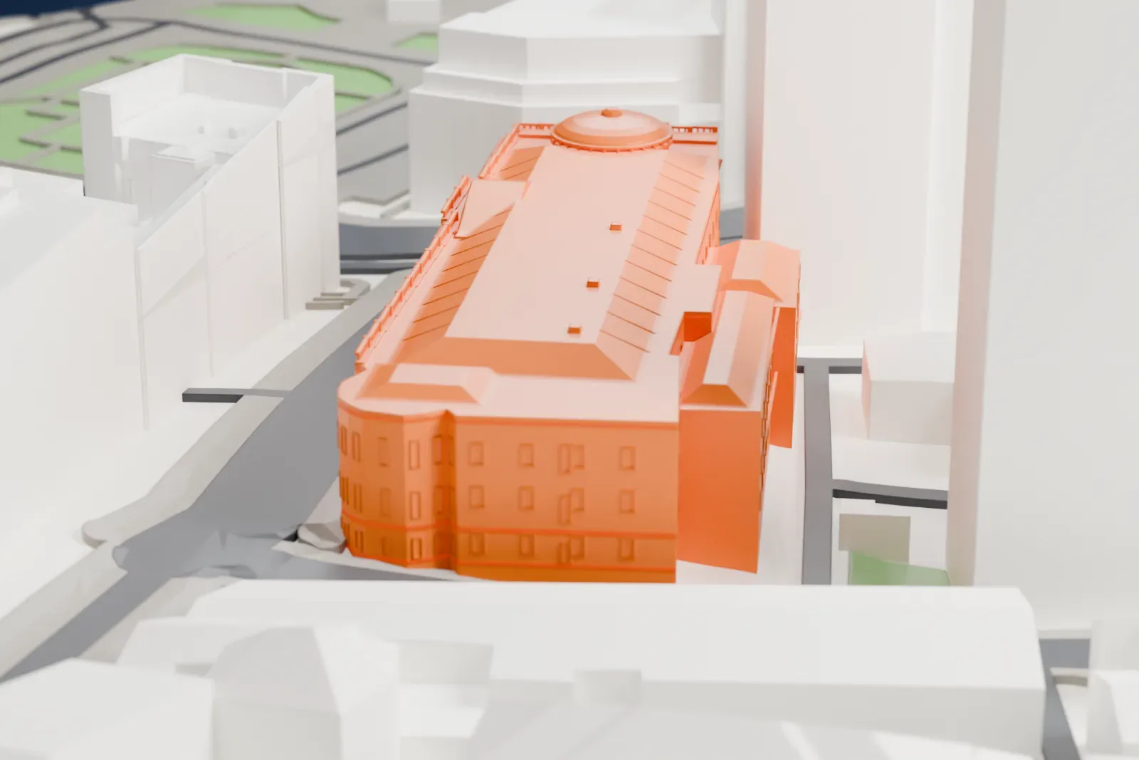 A white 3D print of the House of the Unions, a neoclassical building with columns and a dome, among the surrounding streets and buildings of central Moscow.