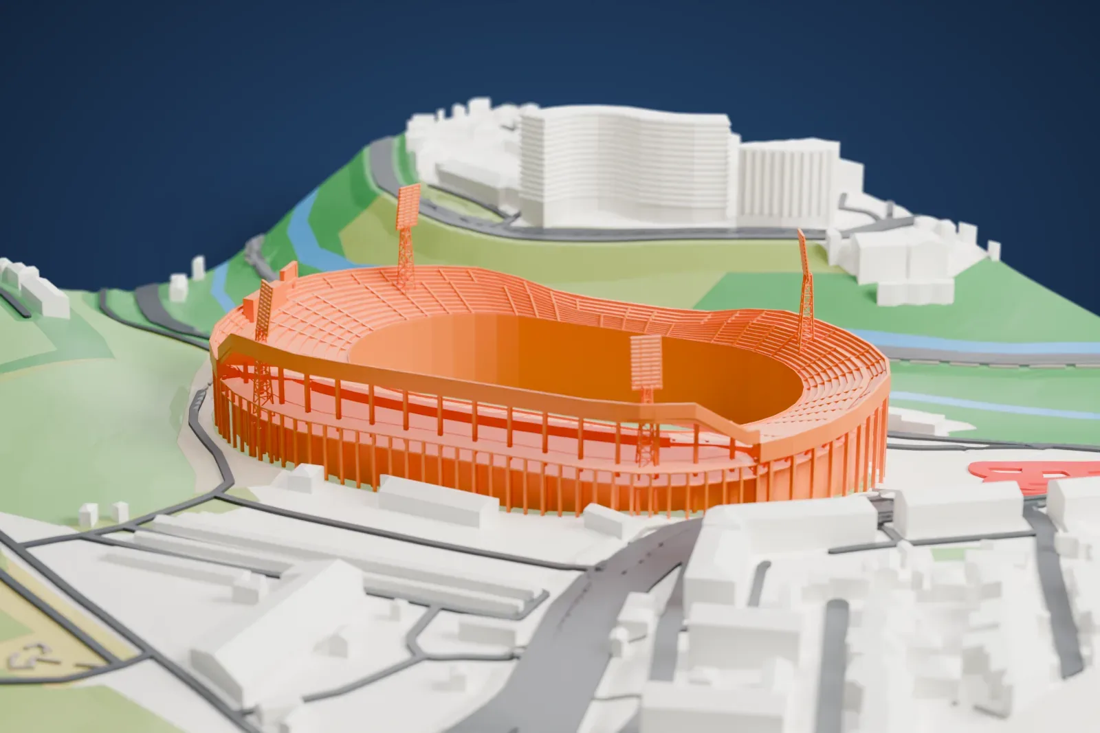 A white 3D print of Hrazdan Stadium, an open bowl with a tall two-tier west stand and four lattice floodlight towers, among the surrounding city.
