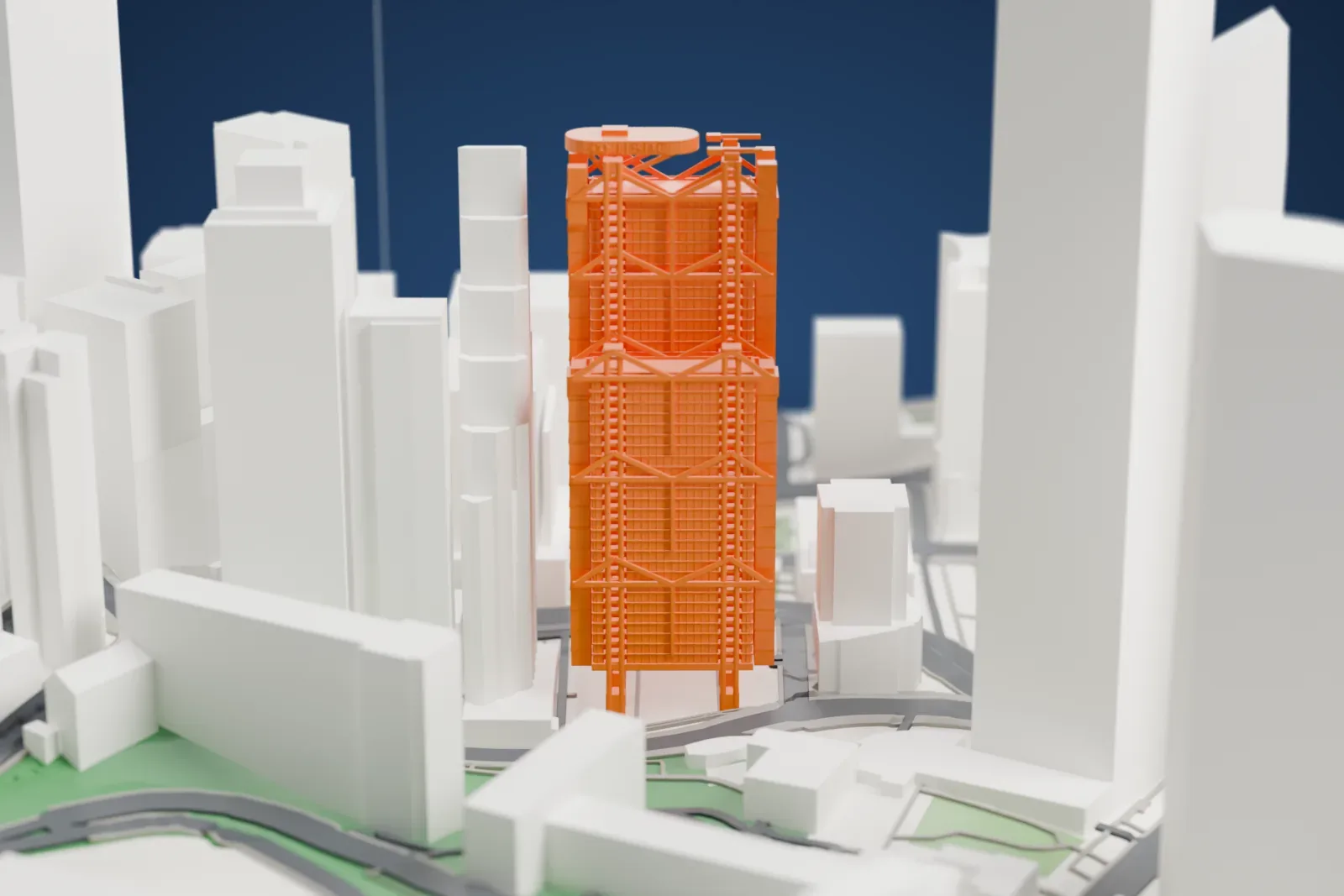 A white 3D print of the HSBC Building, a tall tower, standing among the streets and buildings of Central, Hong Kong.