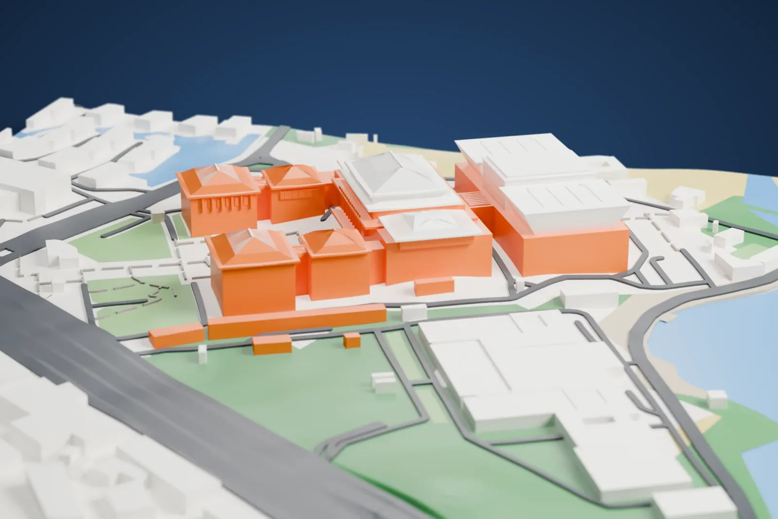 A white 3D print of the Hubei Provincial Museum, a group of halls with pyramid-shaped tiled roofs beside a large modern wing with sloping walls, with lakes, lawns and roads around them.