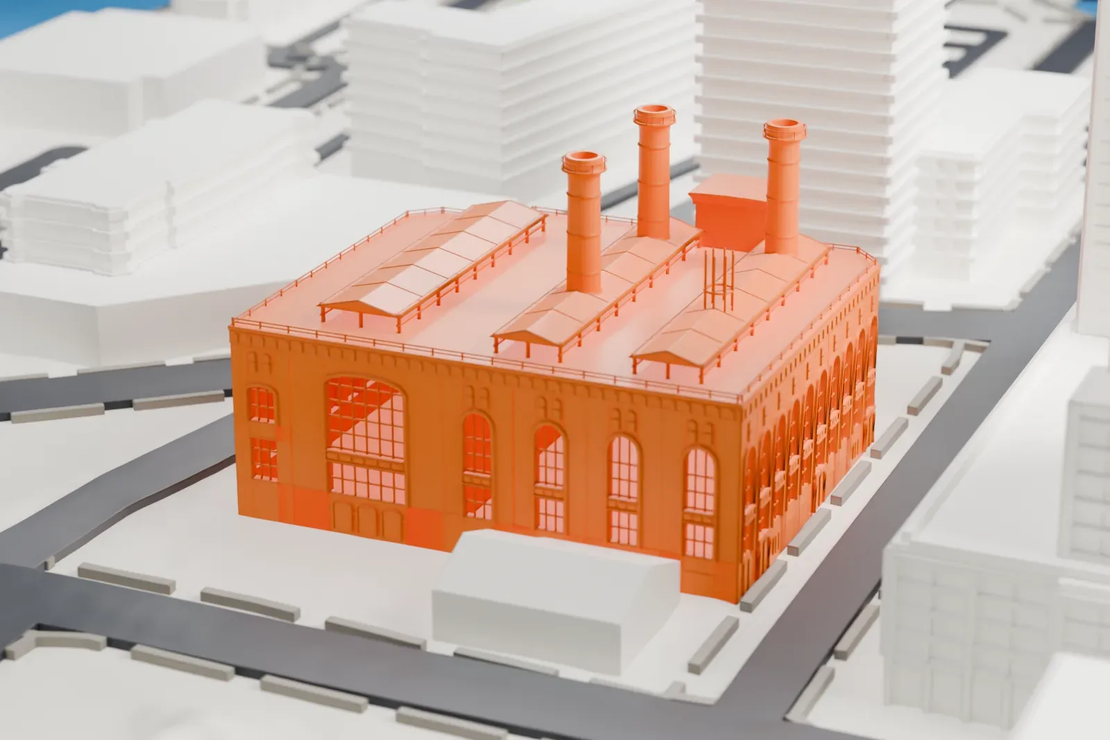 A white 3D print of the Hudson and Manhattan Railroad Powerhouse, a large hall with arched windows and three tall chimneys, between roads and tall buildings.