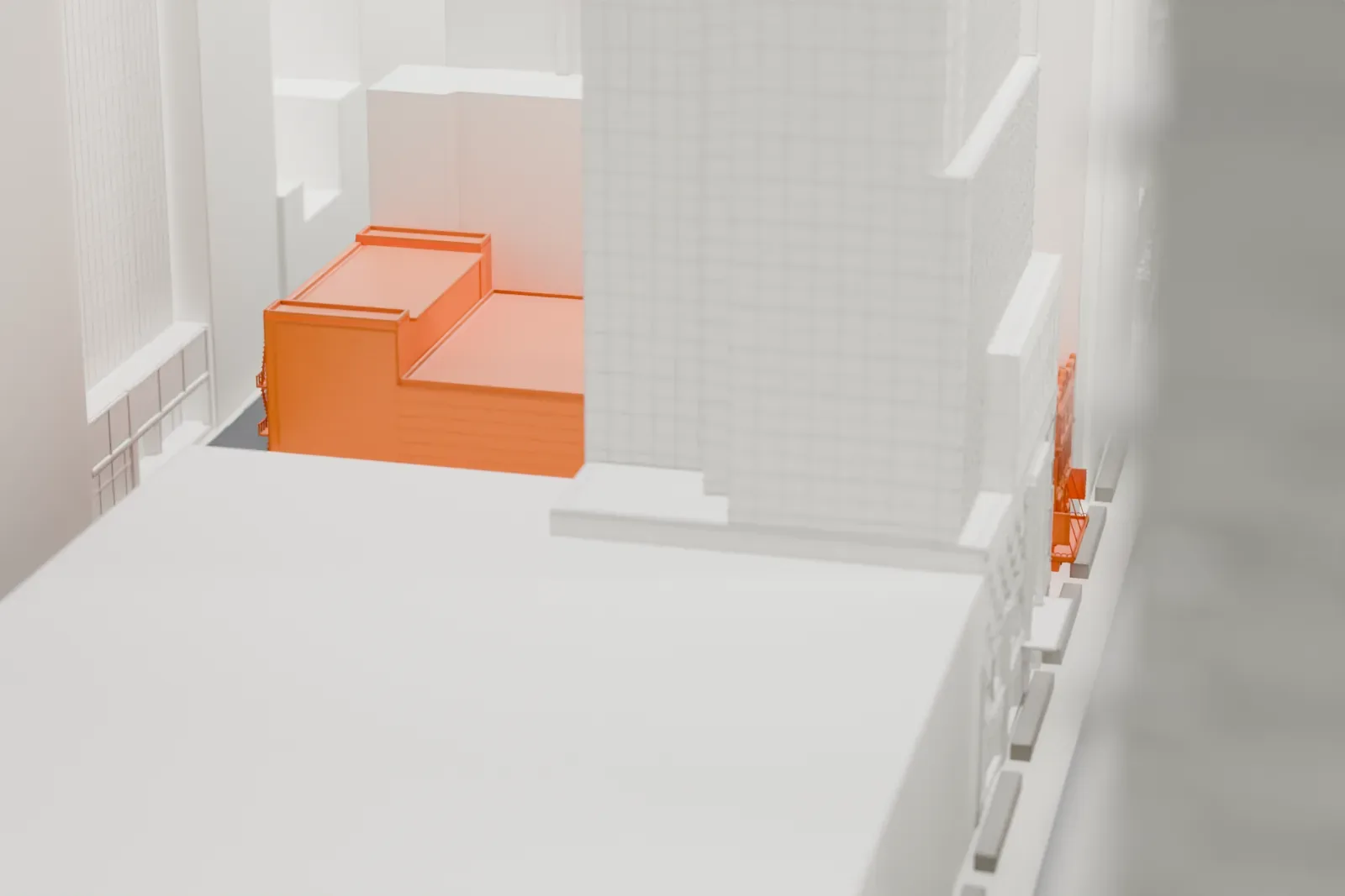 A white 3D print of the Hudson Theatre among the much larger buildings around it.