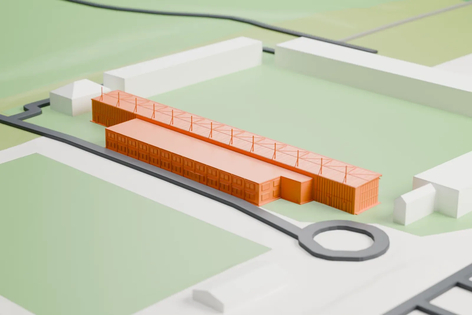 A white 3D print of Huish Park's Main Stand, a long single-tier covered stand with a thin cantilevered roof and roof stays, among surrounding buildings.