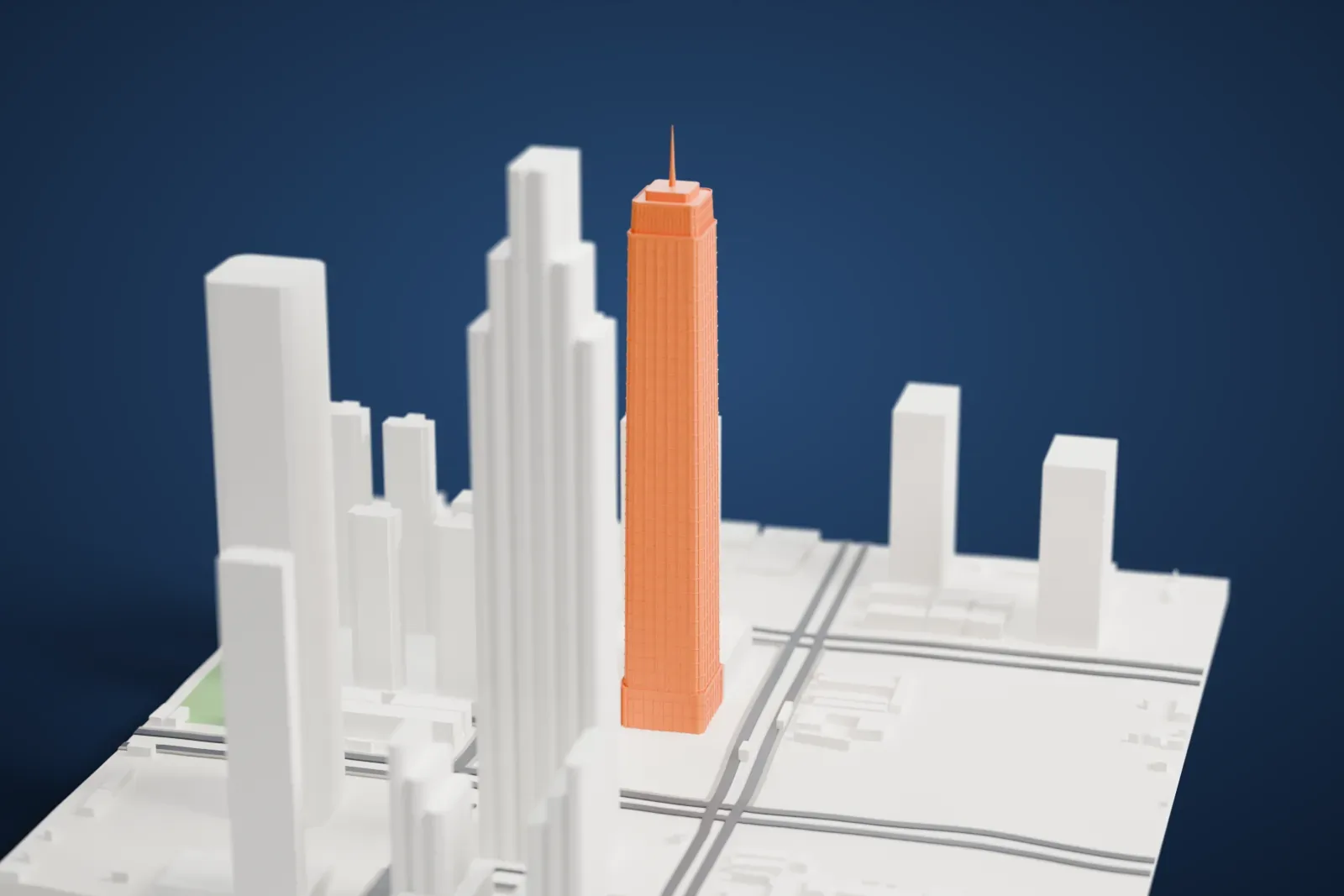 A white 3D print of Huiyun Center, a super-tall tower, among the surrounding streets and buildings of Shenzhen.