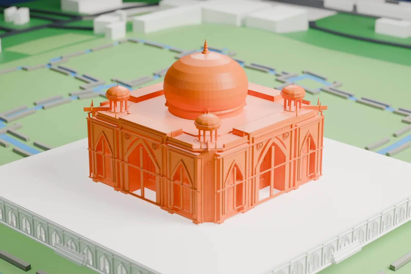 A white 3D print of Humayun's Tomb, a domed building with small domed kiosks at its corners on a broad platform, set in a grid of garden paths and water channels.