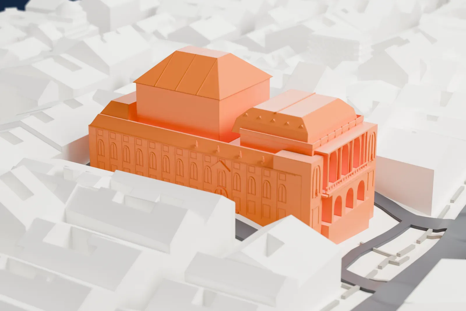A white 3D print of the Hungarian State Opera House, a long building with rows of arched windows, an arcaded loggia at one end and tall hipped roofs, surrounded by tightly packed city buildings.