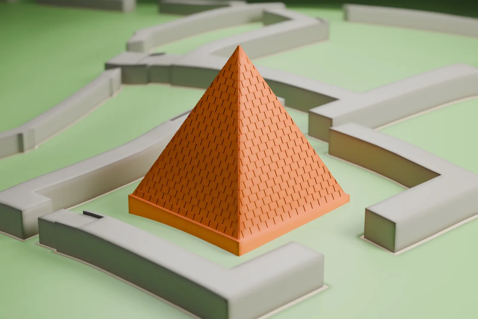 A white 3D print of the pyramid-shaped Hunt's Tomb, surrounded by low boundary walls and open park terrain.