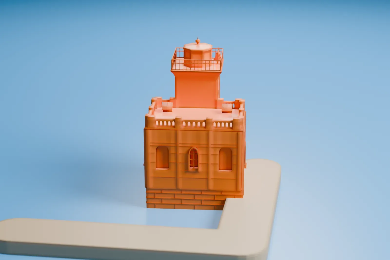 A white 3D print of Huntington Harbor Light, a square, castle-like tower with a railed lantern on top, surrounded by water with a narrow strip beside it.