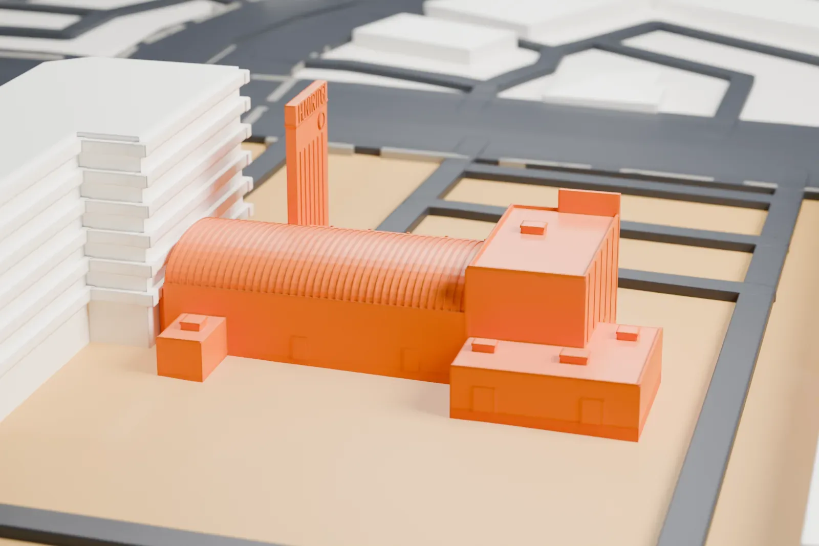 A white 3D print of the Huntridge Theater with a curved roof and slender sign tower, surrounded by streets and buildings.