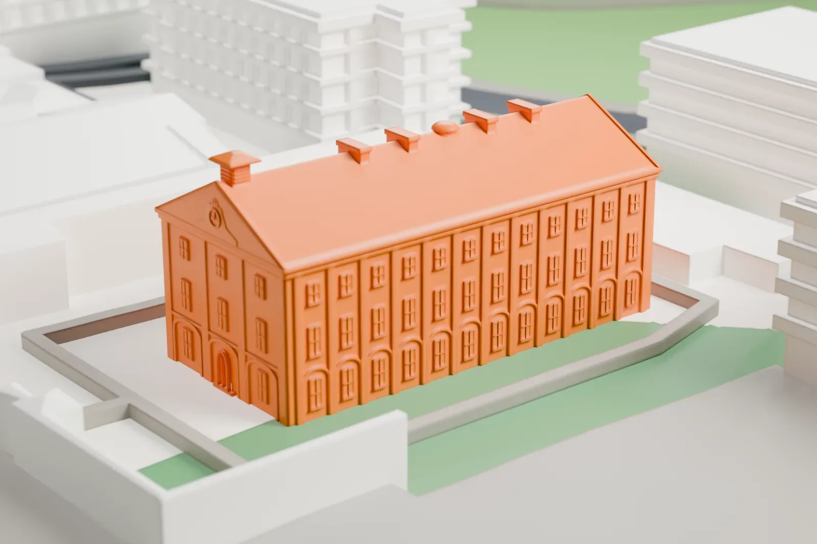 A white 3D print of the Hyde Park Barracks, a barracks building, surrounded by streets and buildings.
