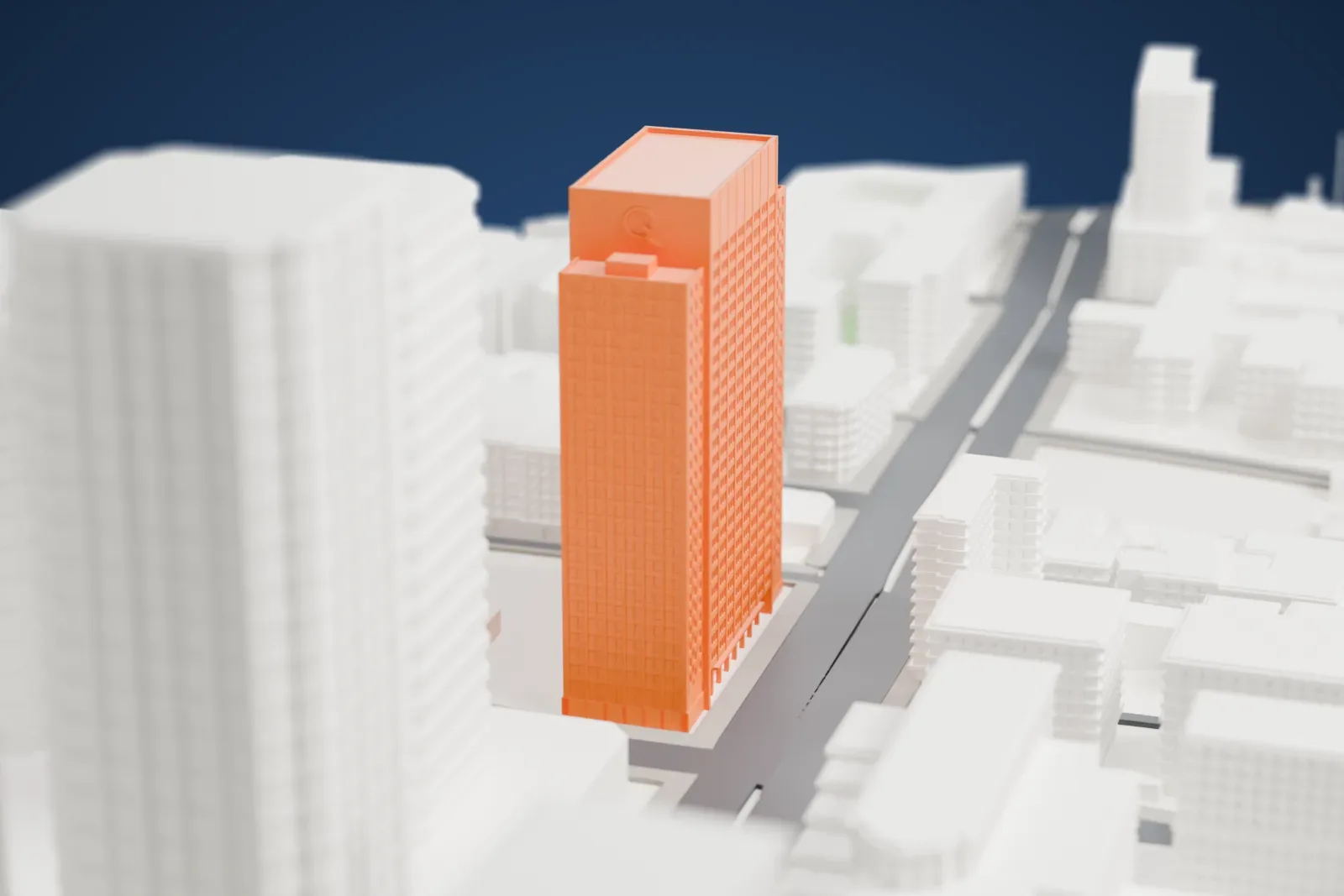 A white 3D print of the Hydro-Québec Building, a tall office tower among surrounding streets and buildings.