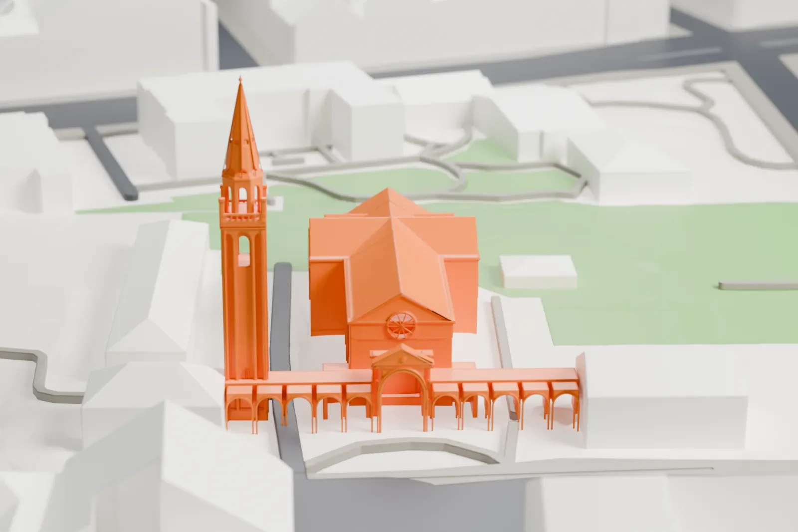 A white 3D print of the Ibn Rushd-Goethe Mosque, a building in Berlin's Mitte district, with surrounding city streets and buildings.