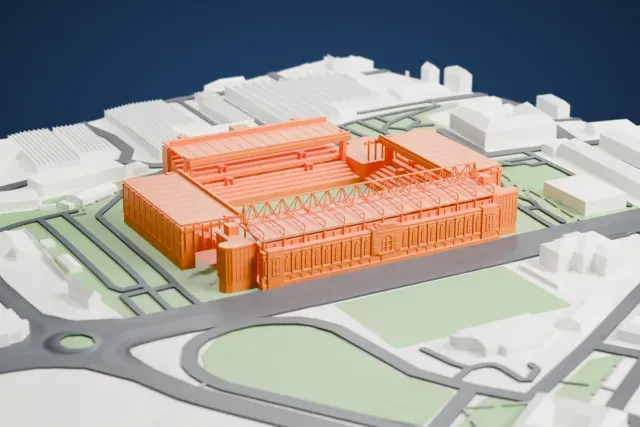 A white 3D print of Ibrox Stadium, a football stadium with four rectangular stands and a lattice truss along one side, surrounded by streets and large low buildings.