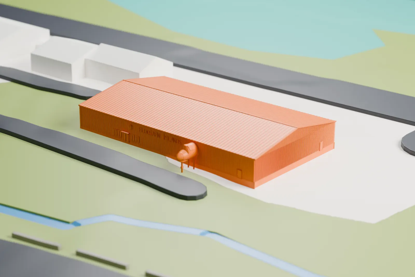 A white 3D print of the Icelandic Aviation Museum building, a long gabled hall with a finely ridged roof and lettering along one wall, with aircraft parked beside it and a stream nearby.