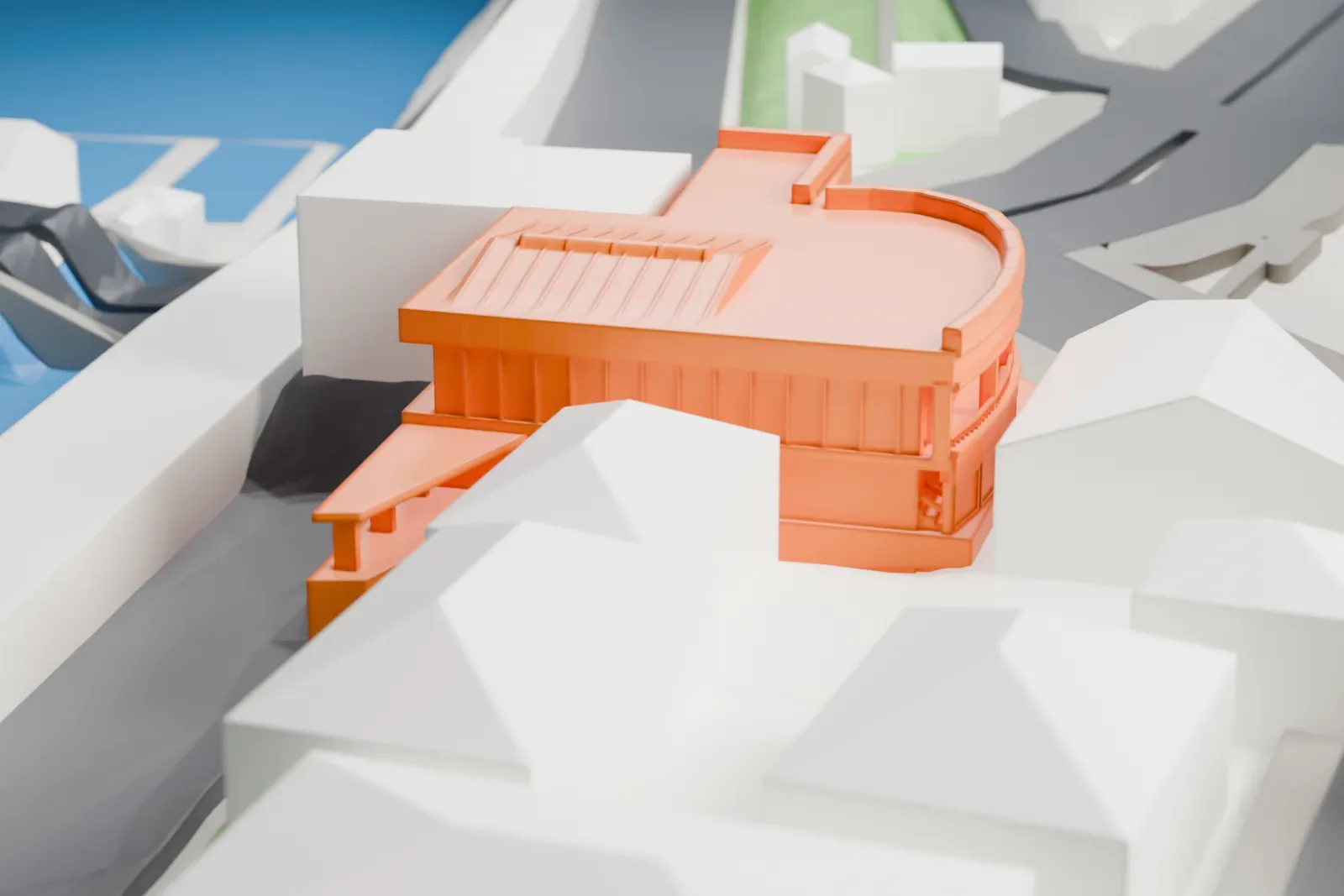 A white 3D print of Ichigaya Station in Tokyo, standing among the surrounding streets and buildings of Chiyoda.