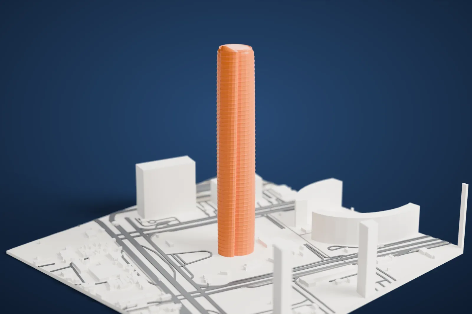 A white 3D print of Africa's tallest building in Egypt's New Capital, with the surrounding towers and streets.