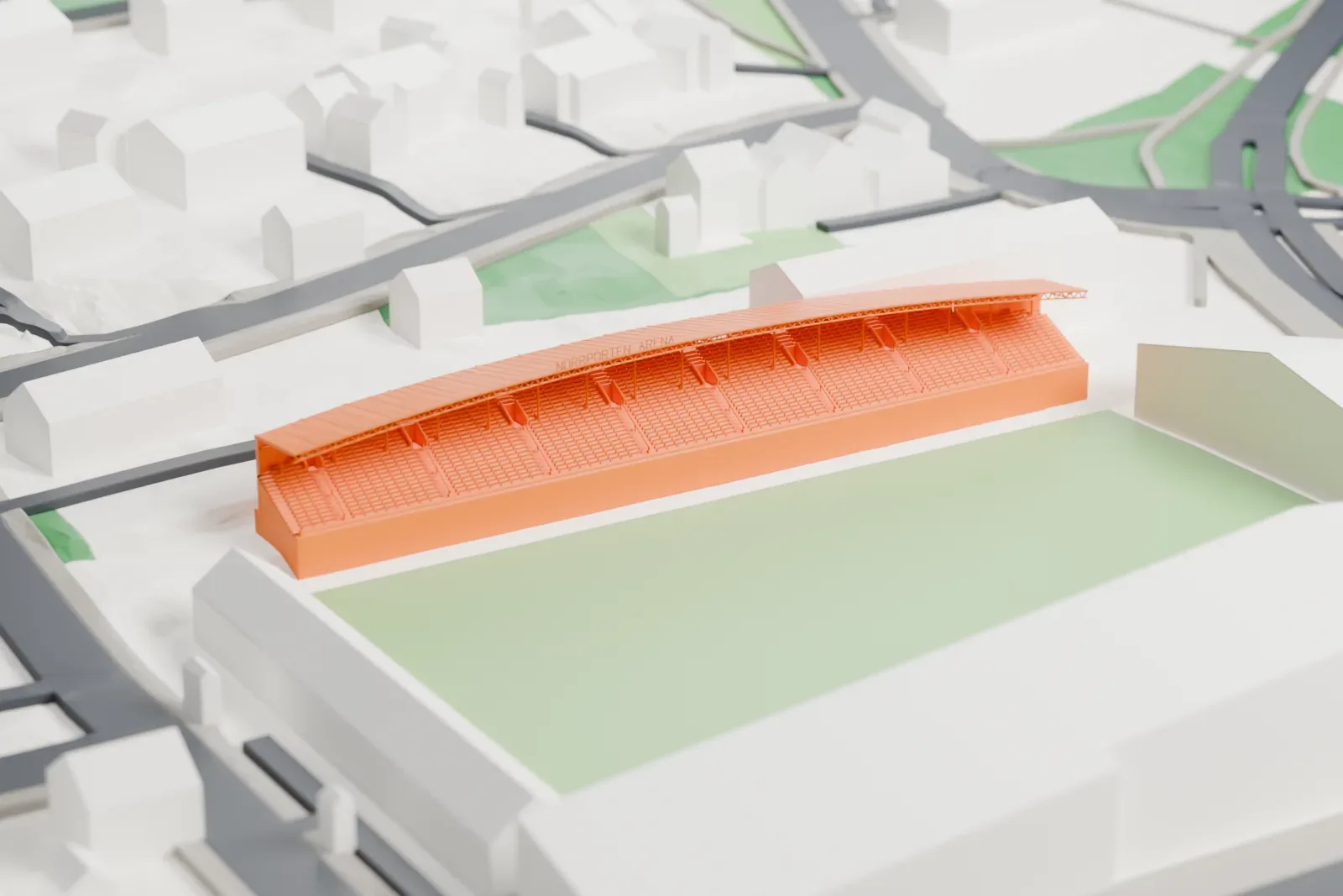 A white 3D print of Idrottsparken in Sundsvall, a long grandstand with a curved roof beside a pitch, surrounded by streets and buildings.
