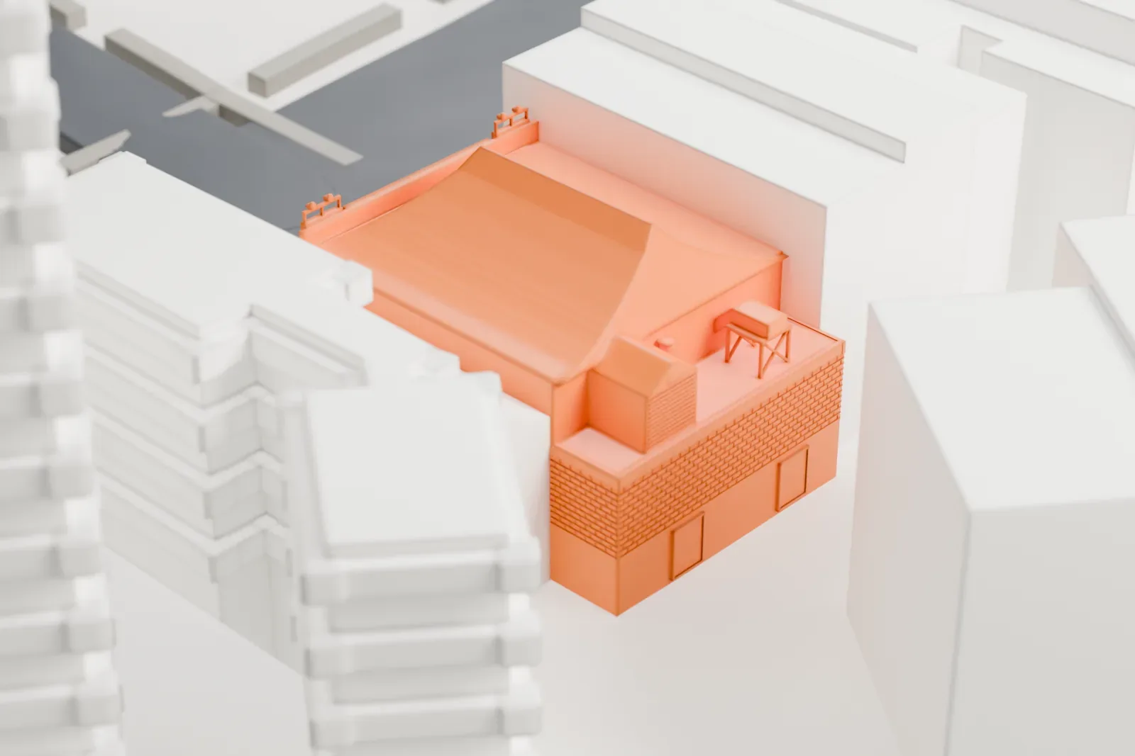 A white 3D print of the IFC Center, a small building among dense blocks, with streets and green spaces nearby.