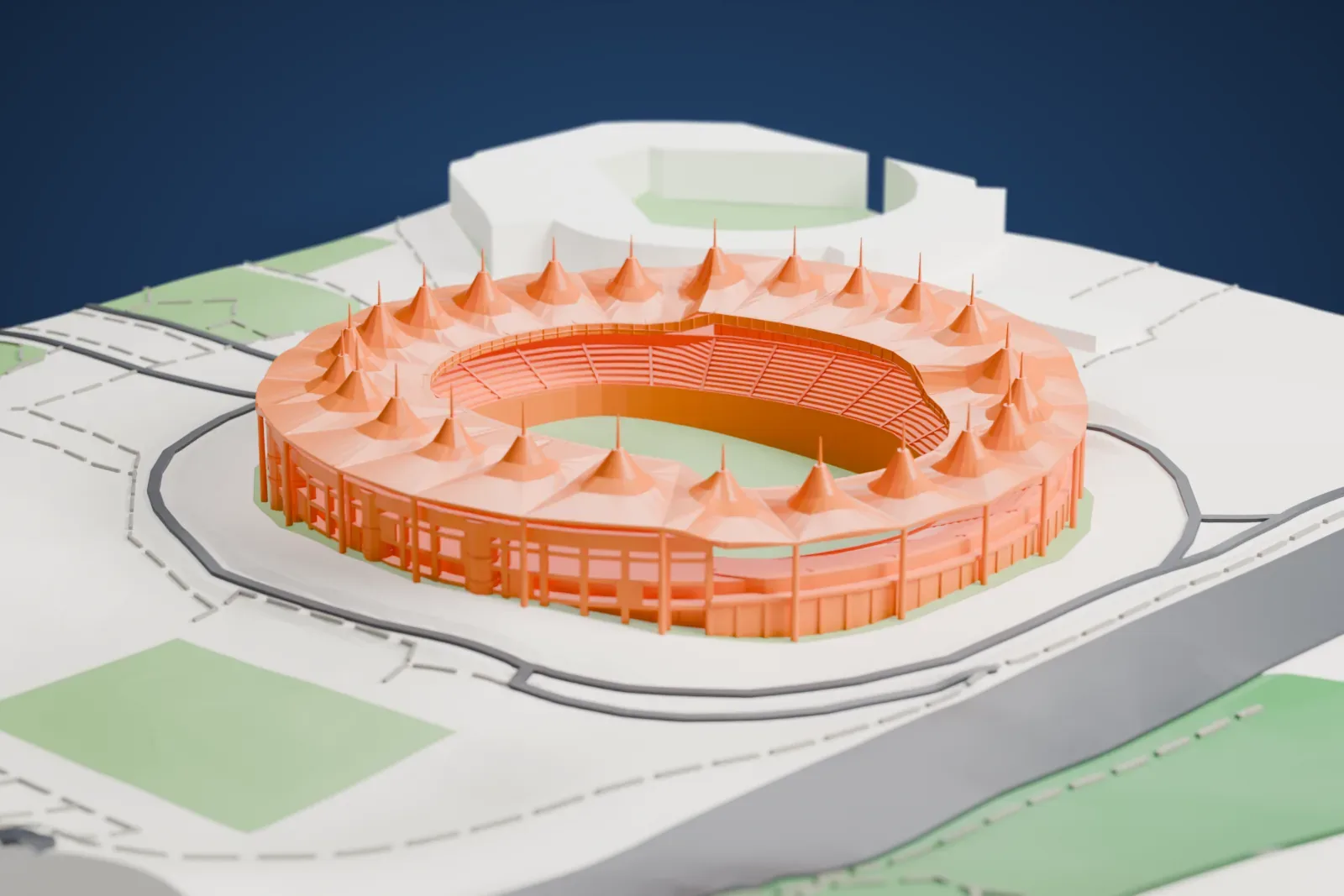 A white 3D print of Incheon Munhak Stadium, its bowl ringed by white columns and a crown of pointed membrane tents with slim needles at their tops, among the surrounding streets and buildings.