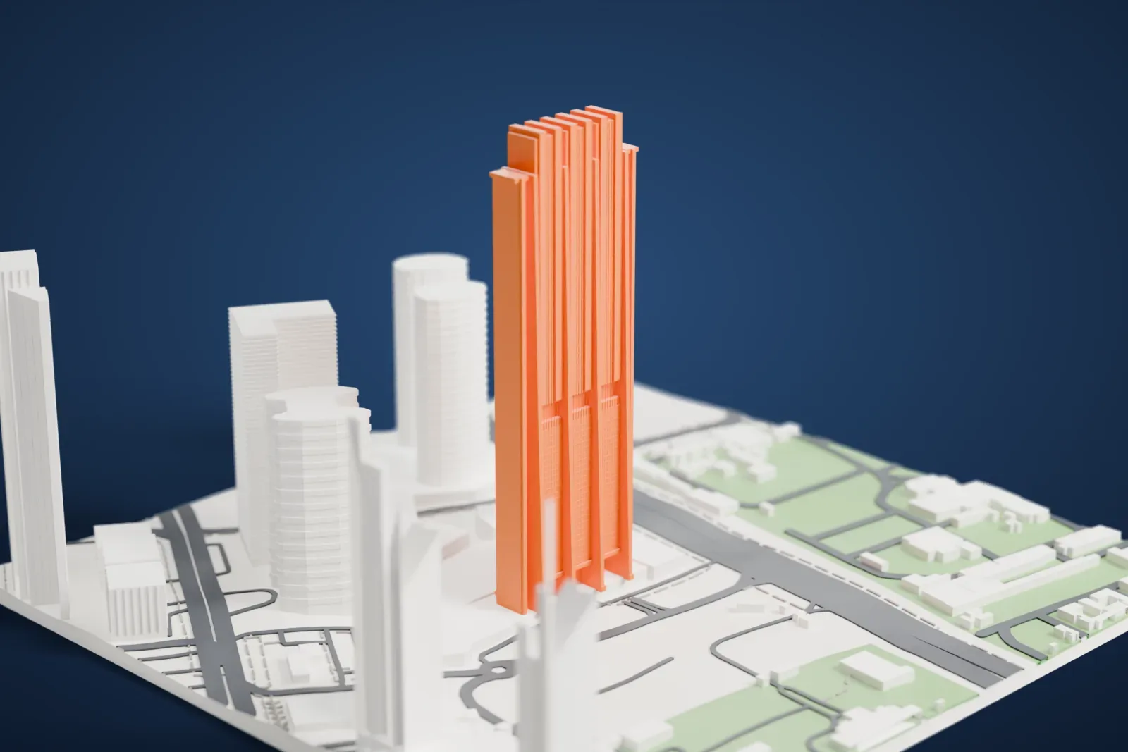 A white 3D print of the Index Tower, a tall tower with a notched crown and two thin poles beside the top, among high-rise buildings, roads and green areas.