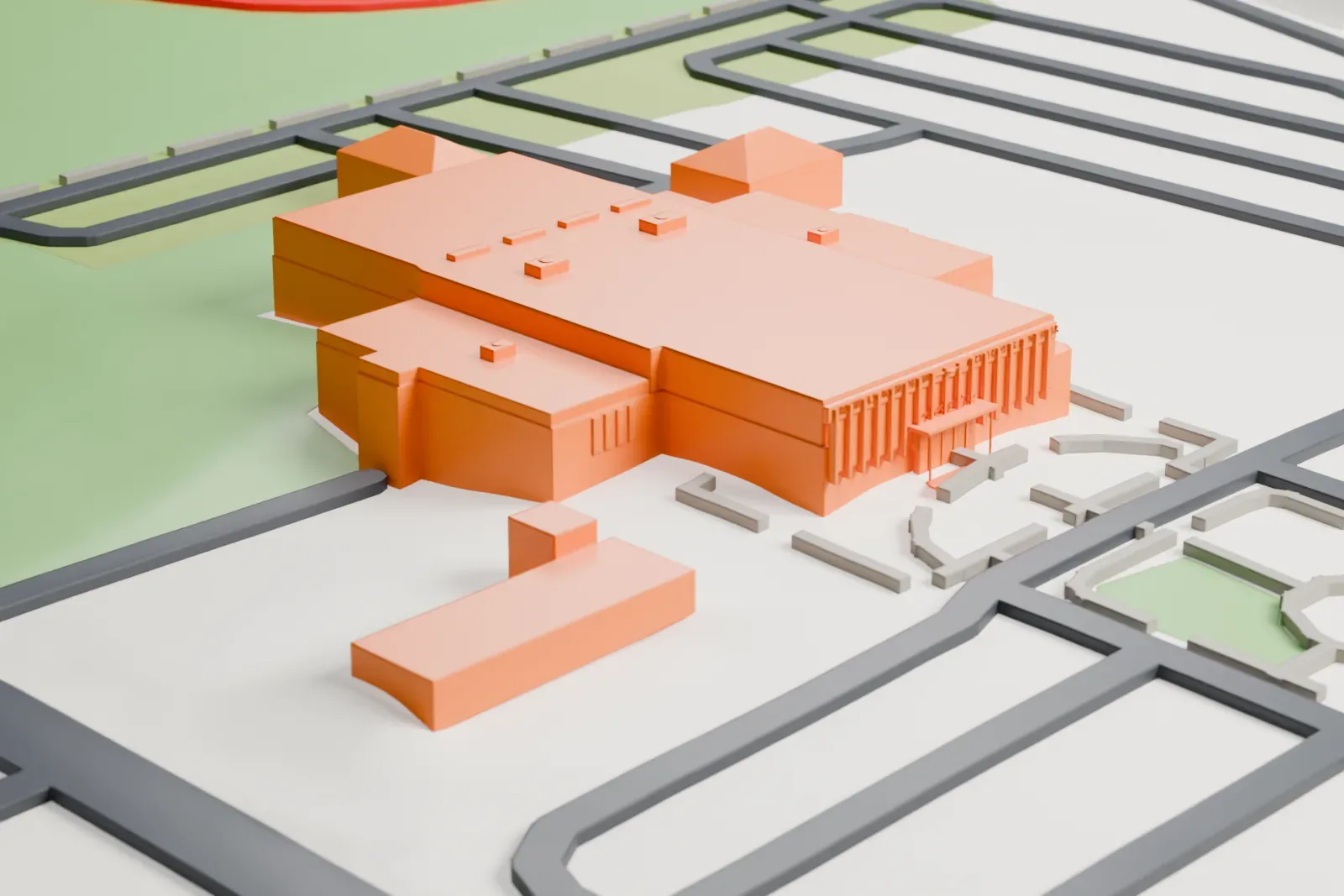 A white 3D print of the Indianapolis Motor Speedway Museum, a wide low building with a flat roof and a columned entrance, beside grass lawns and small roads.