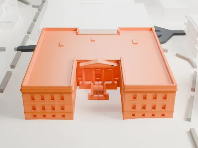 Industrial Arts Building model, East view