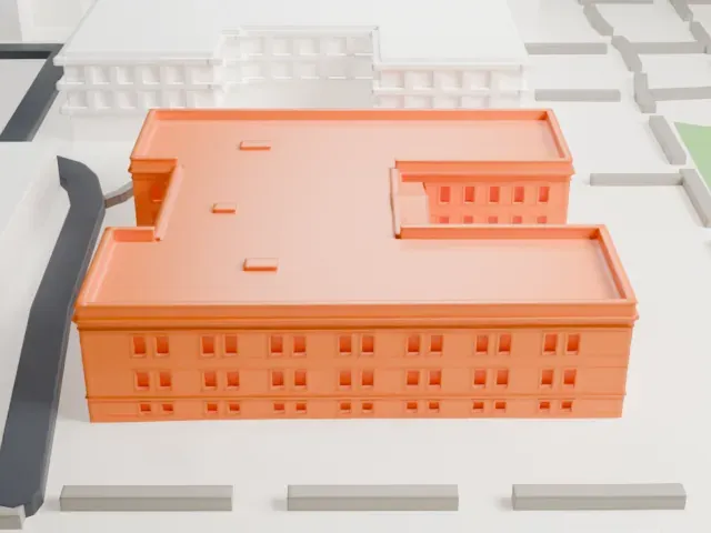 Industrial Arts Building model, South view