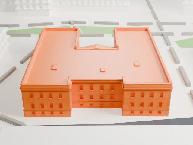 Industrial Arts Building model, West view