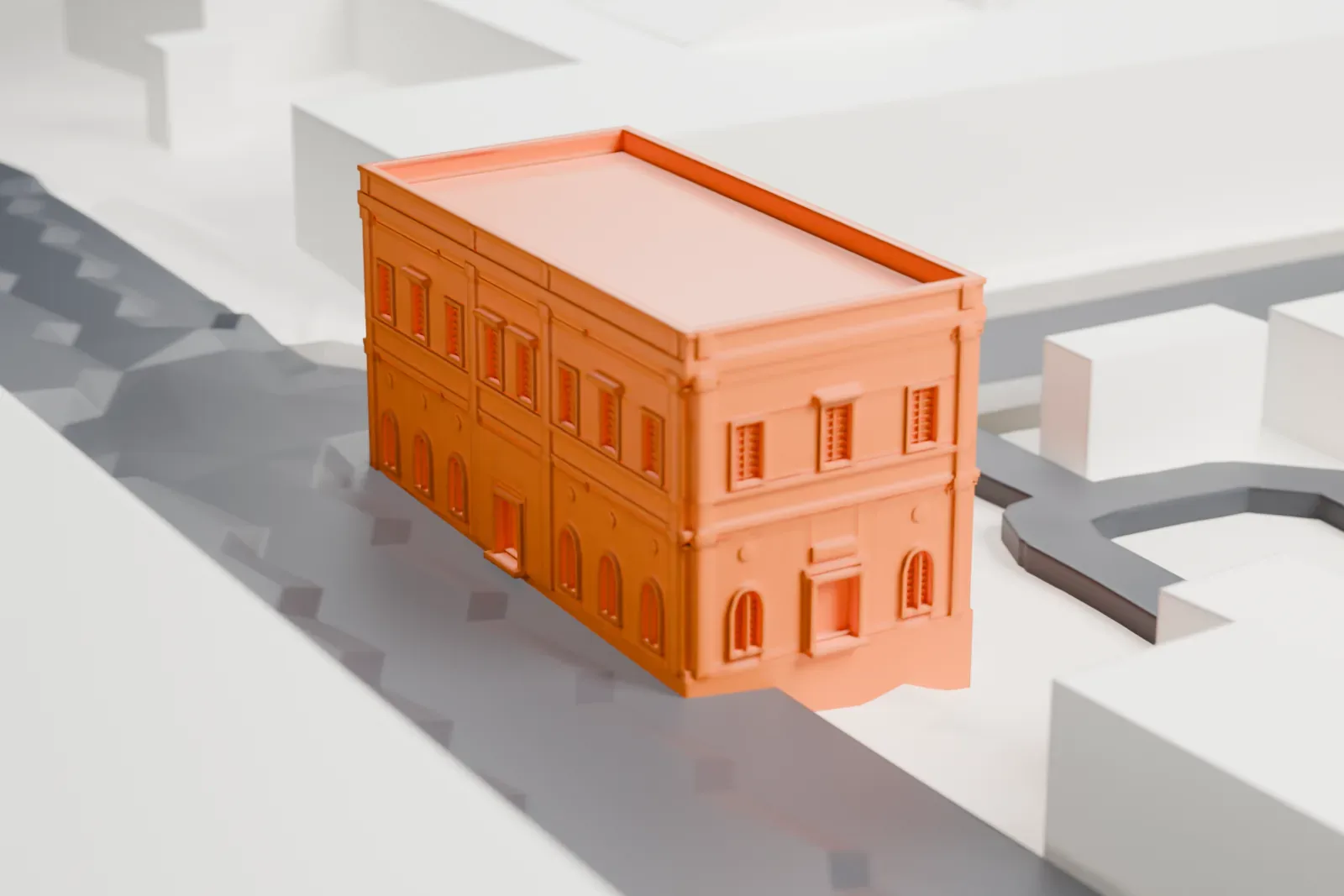 A white 3D print of the Institut d'Égypte among the surrounding streets and buildings of Cairo.