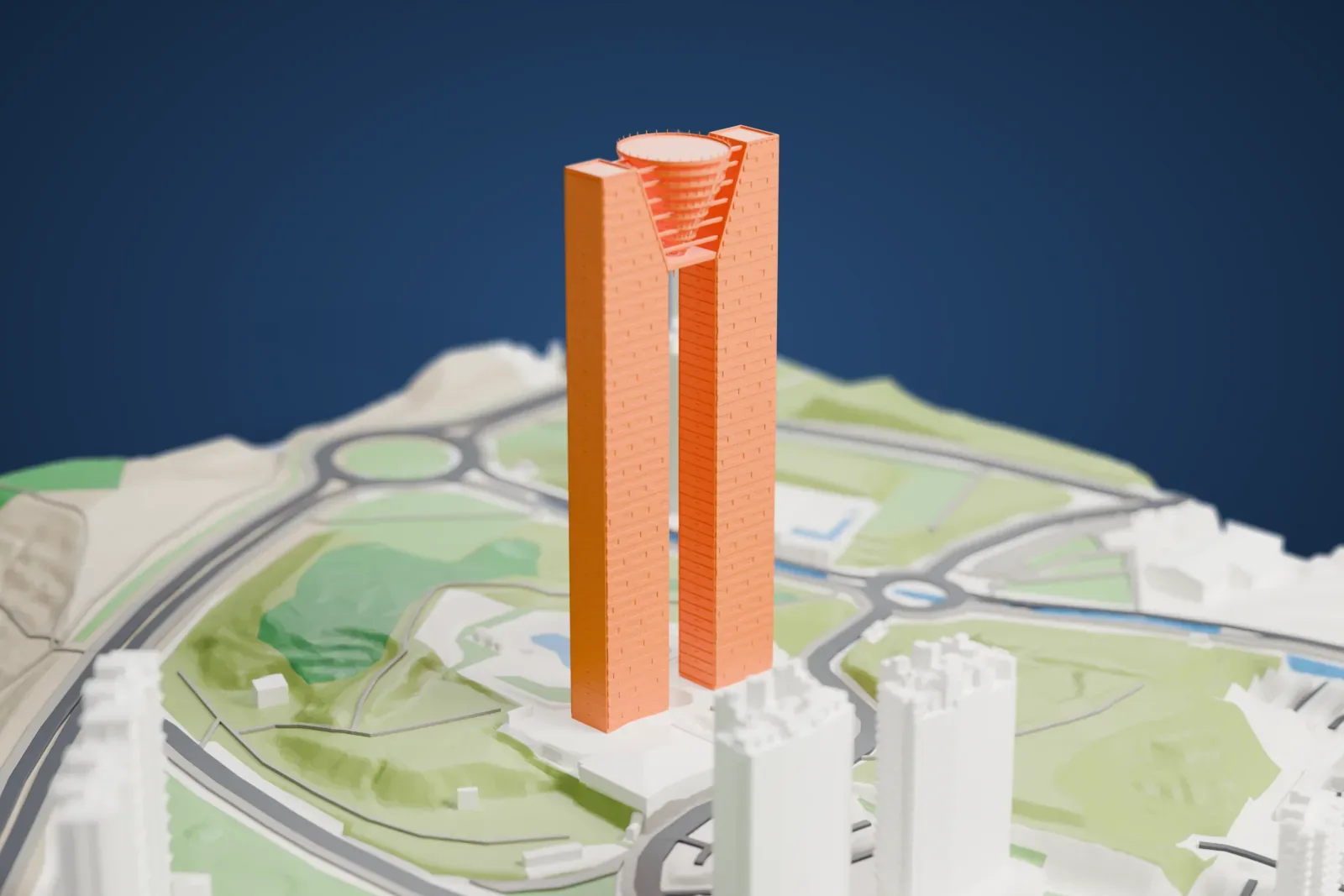 A white 3D print of the Intempo, showing its two slender towers joined by an inverted crown, among surrounding city buildings.