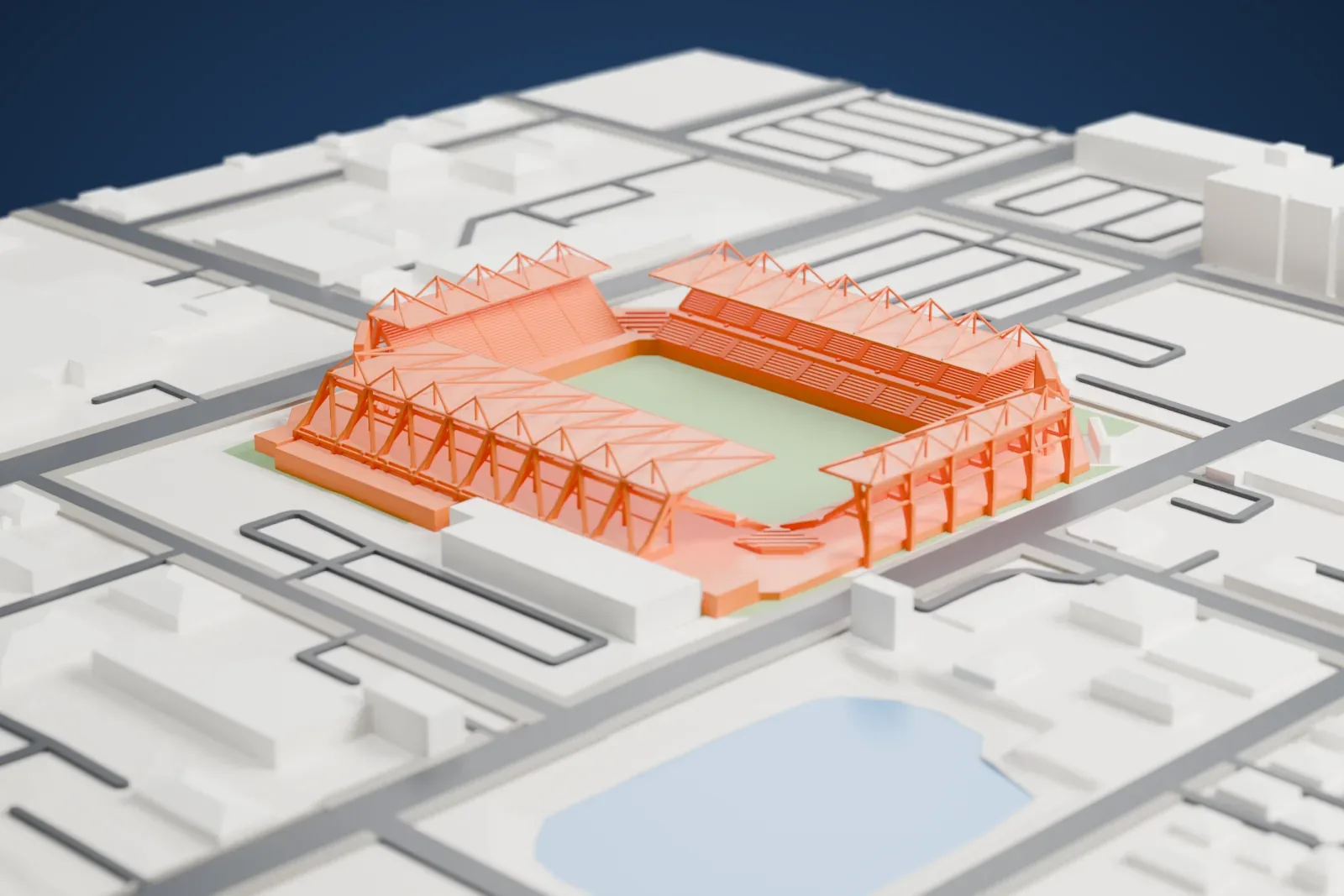 A white 3D print of Inter.co Stadium, a low stadium bowl, set among the streets and buildings of downtown Orlando.